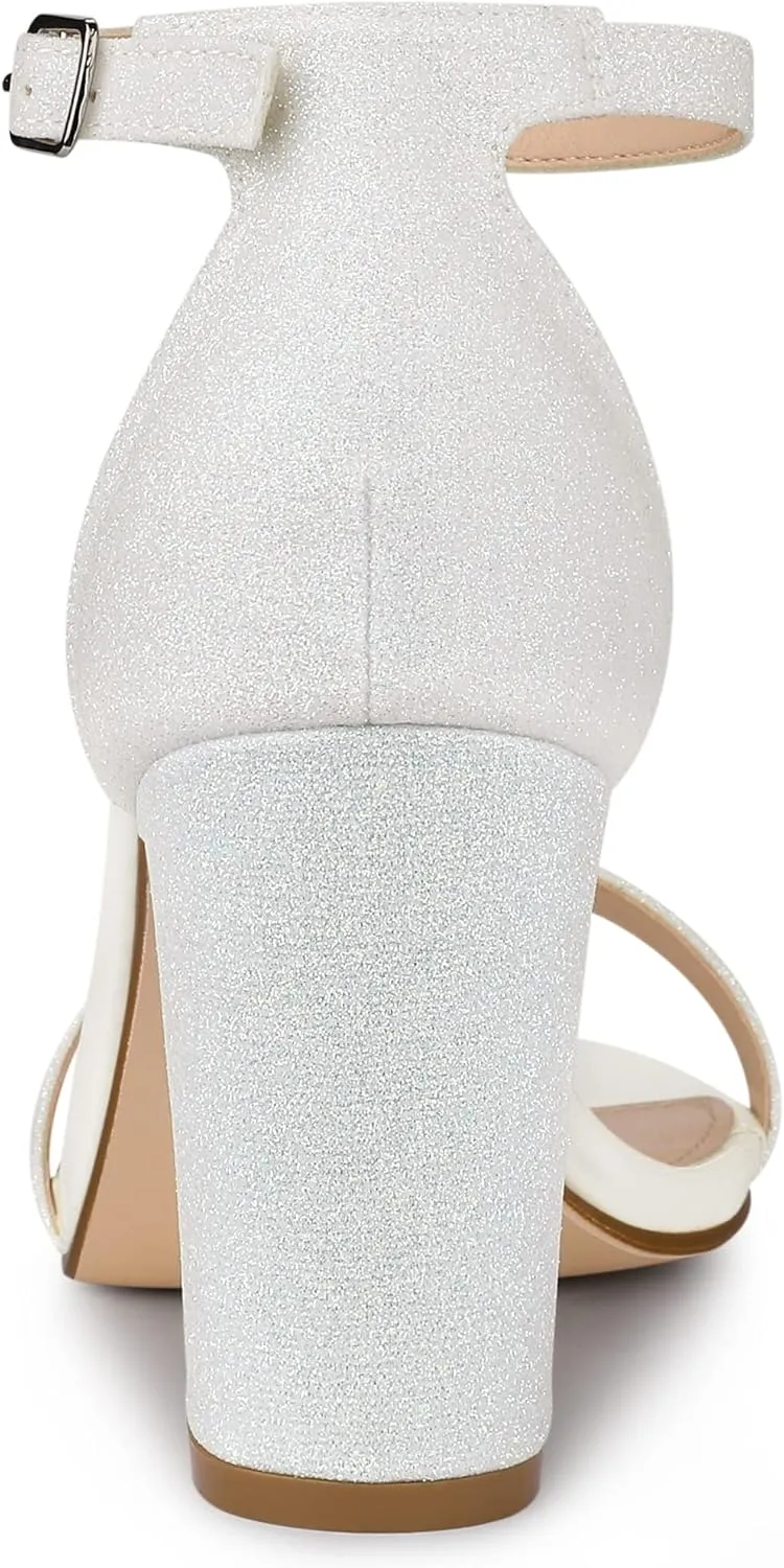 Allegra K Women's Glitter Ankle Strap Chunky Heels Sandals