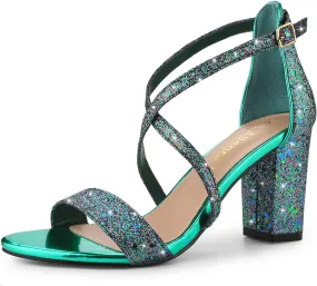 Allegra K Women's Glitter Crisscross Strap Block Heels Sandals