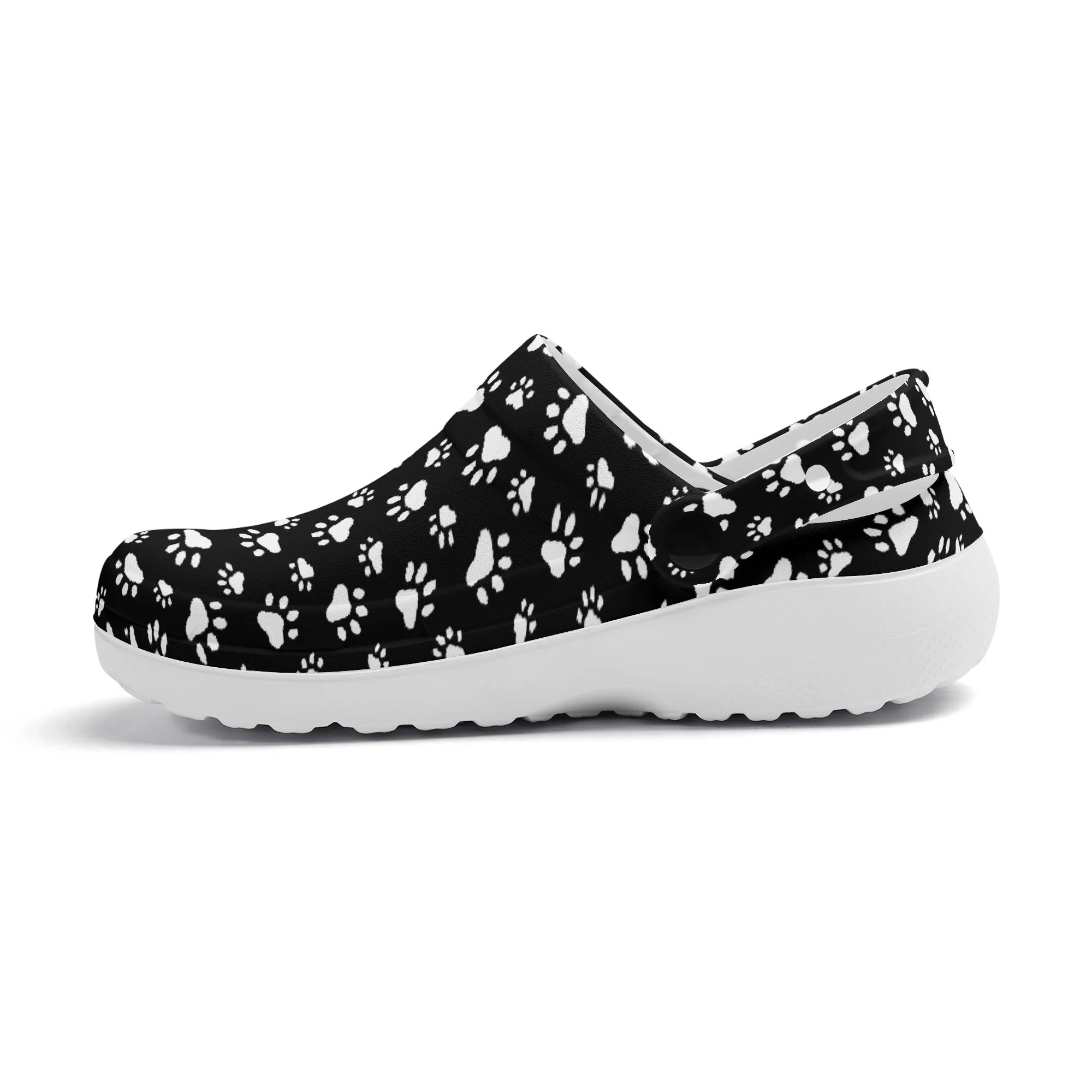 Animal Paw Print in White on Black Casual Lightweight Slip On Nurse Style Clogs