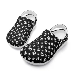 Animal Paw Print in White on Black Casual Lightweight Slip On Nurse Style Clogs