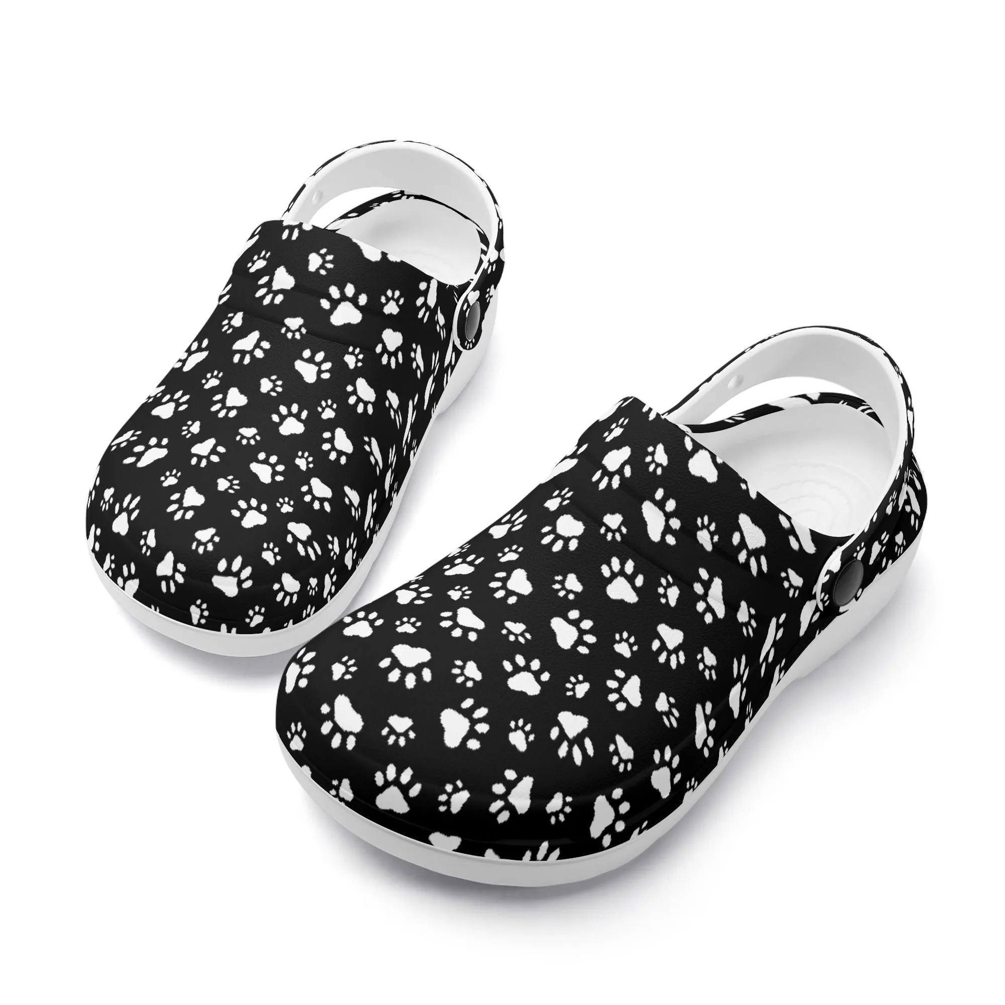 Animal Paw Print in White on Black Casual Lightweight Slip On Nurse Style Clogs