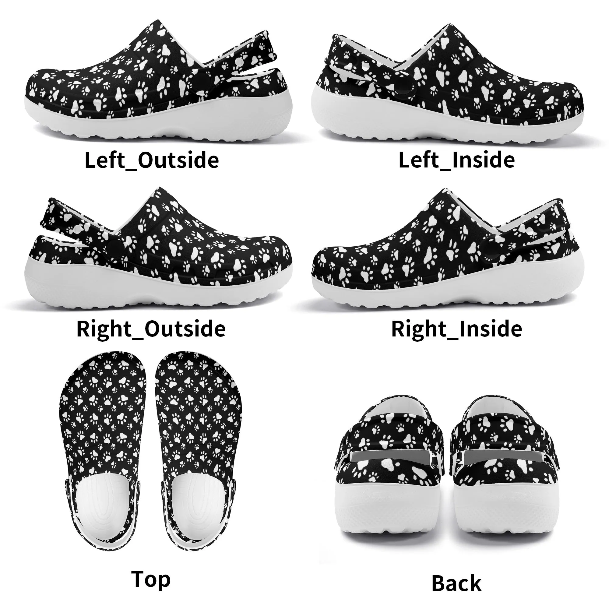 Animal Paw Print in White on Black Casual Lightweight Slip On Nurse Style Clogs