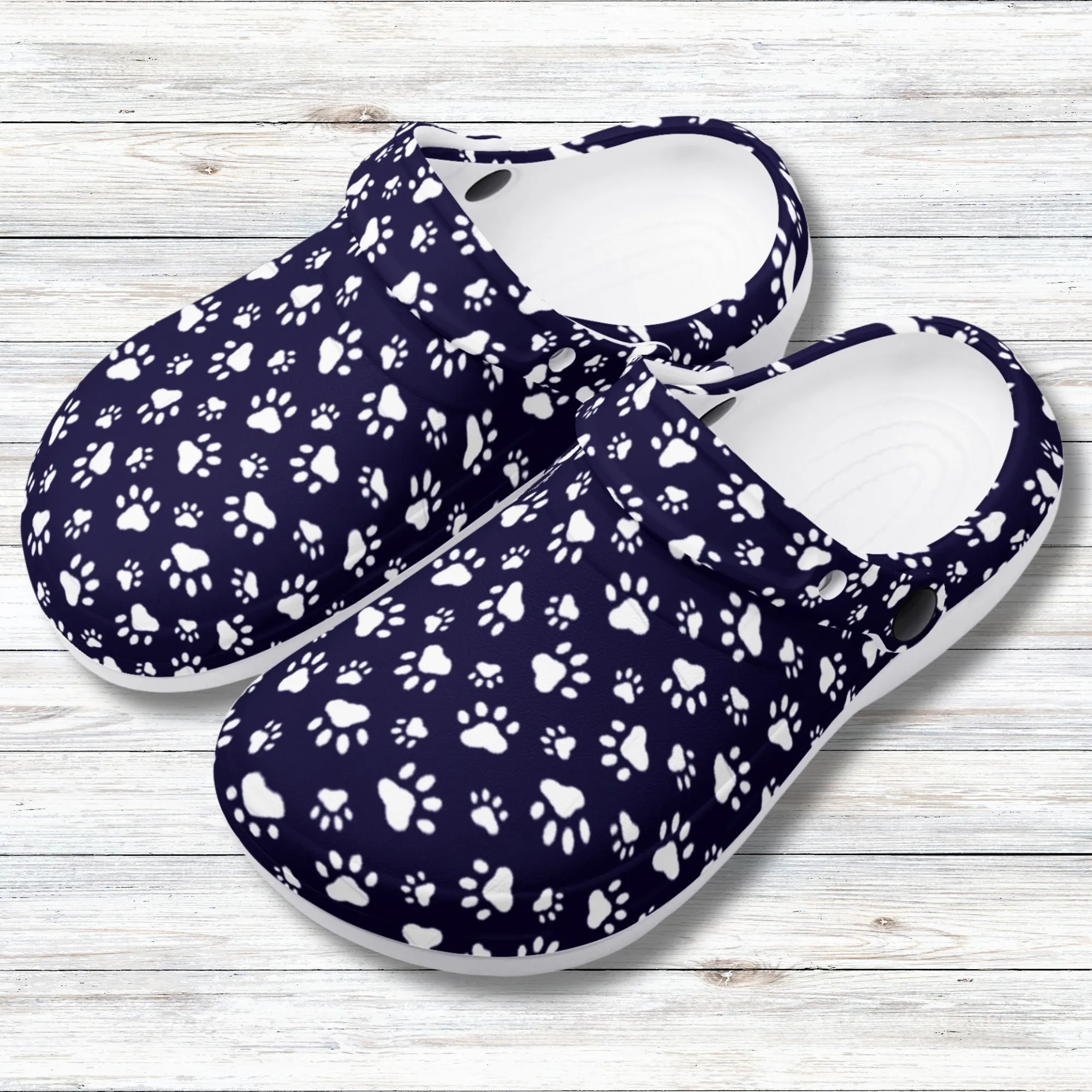 Animal Paw Print in White on Purple Casual Lightweight Slip On Nurse Style Clogs