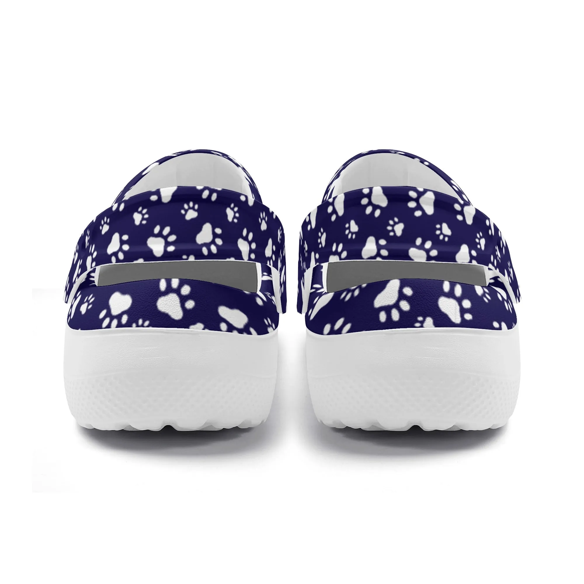Animal Paw Print in White on Purple Casual Lightweight Slip On Nurse Style Clogs