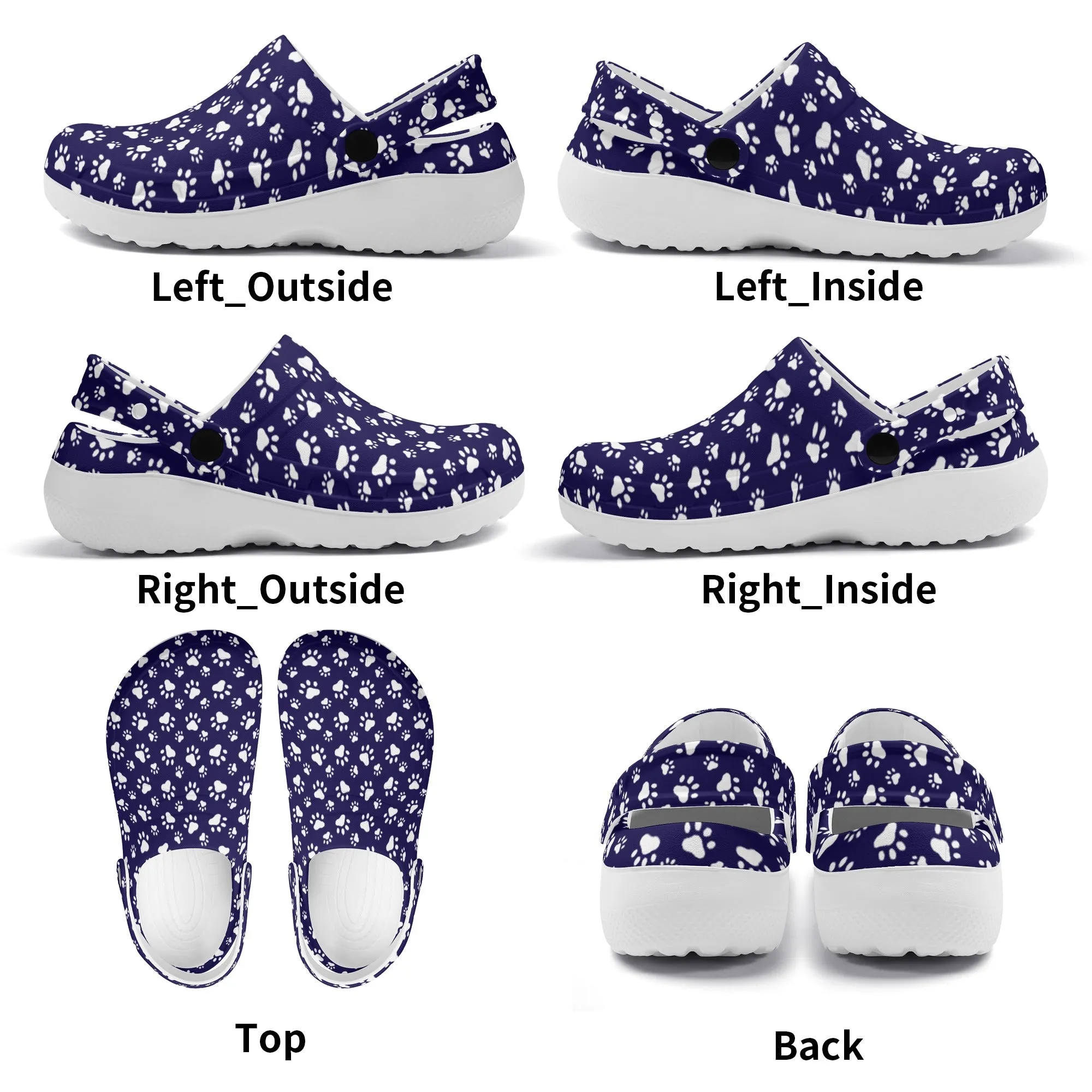 Animal Paw Print in White on Purple Casual Lightweight Slip On Nurse Style Clogs