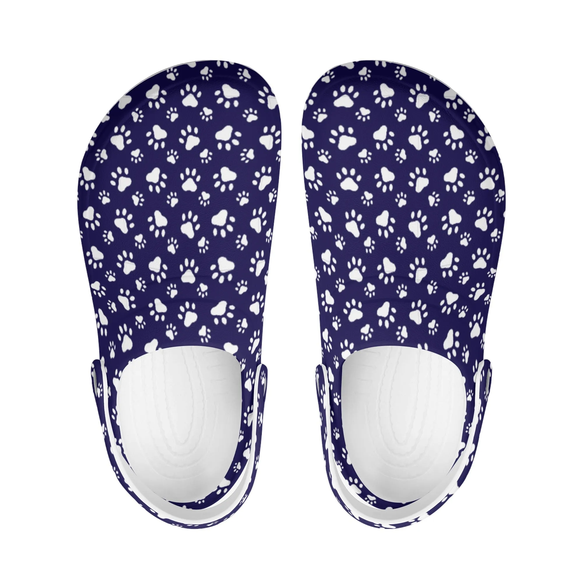 Animal Paw Print in White on Purple Casual Lightweight Slip On Nurse Style Clogs