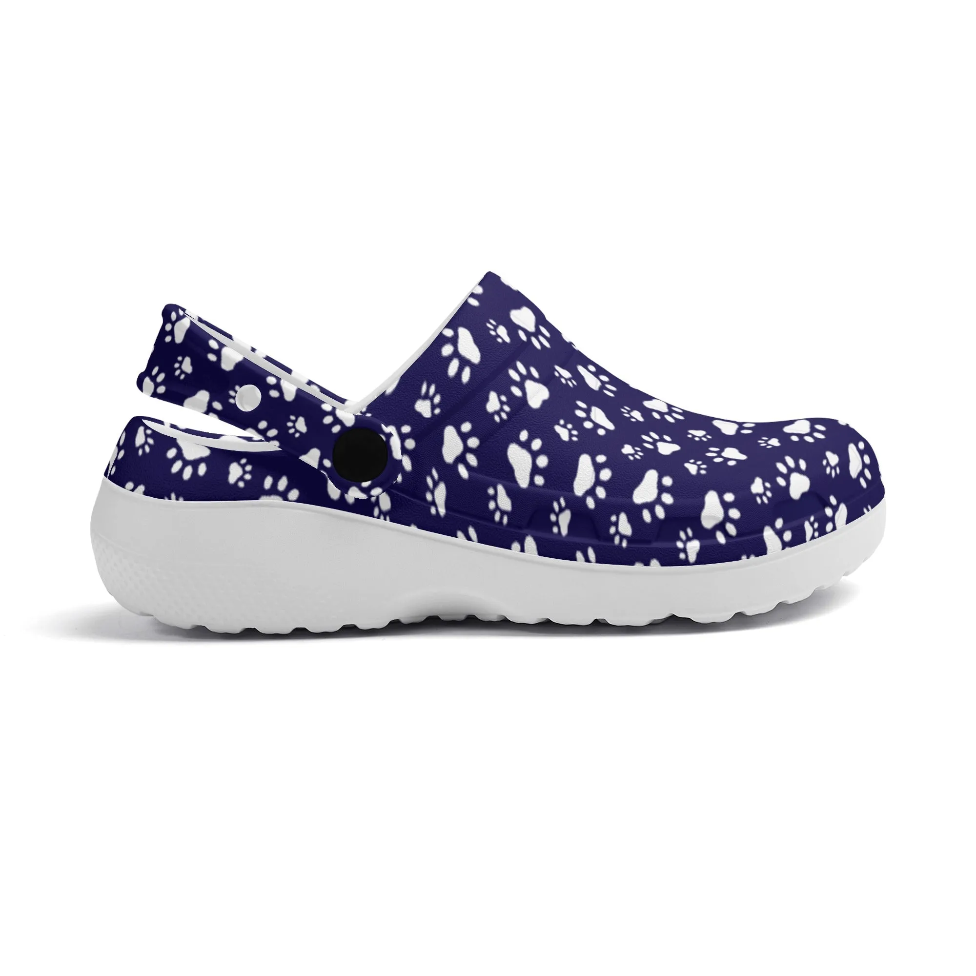 Animal Paw Print in White on Purple Casual Lightweight Slip On Nurse Style Clogs