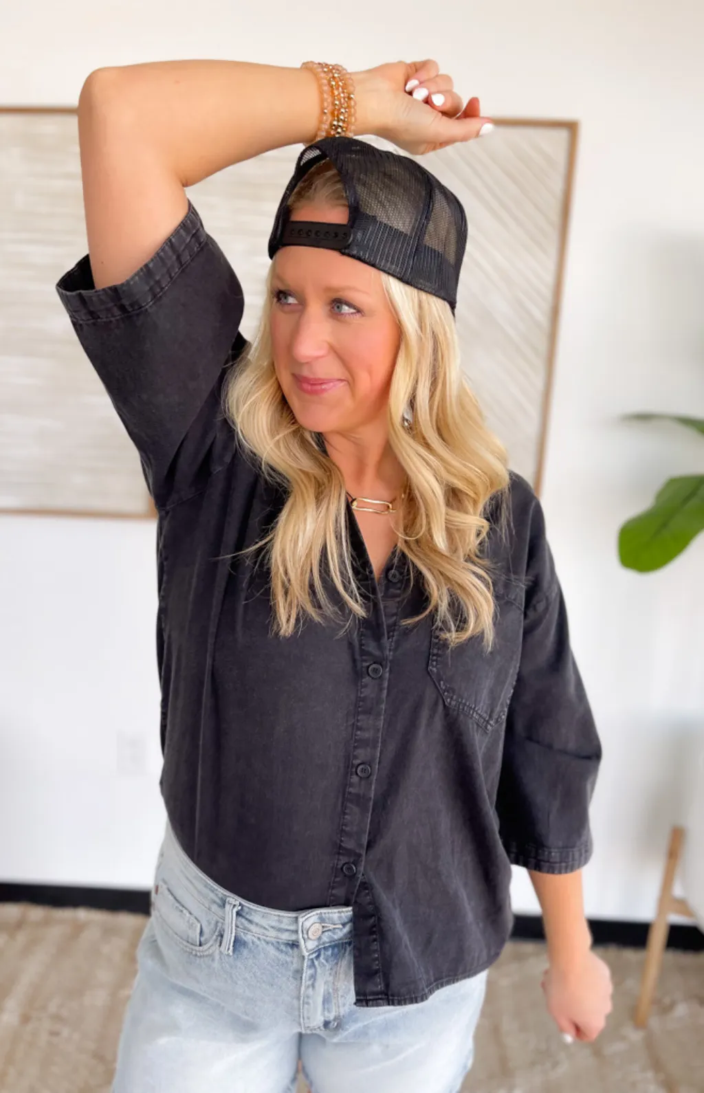 Black Button Up Collared Neckline Top