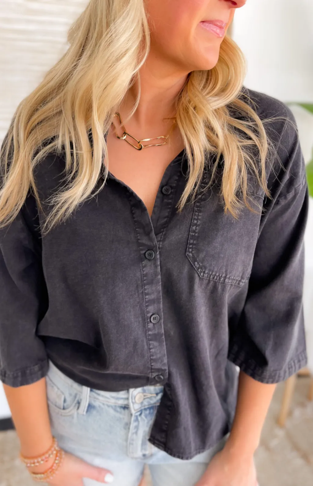 Black Button Up Collared Neckline Top