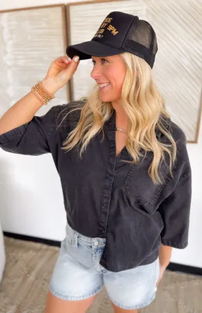 Black Button Up Collared Neckline Top