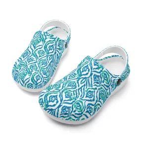 Cool Breeze Elegance: Abstract Damask Pattern in Green and Blue Casual Lightweight Slip On Nurse Style Clogs