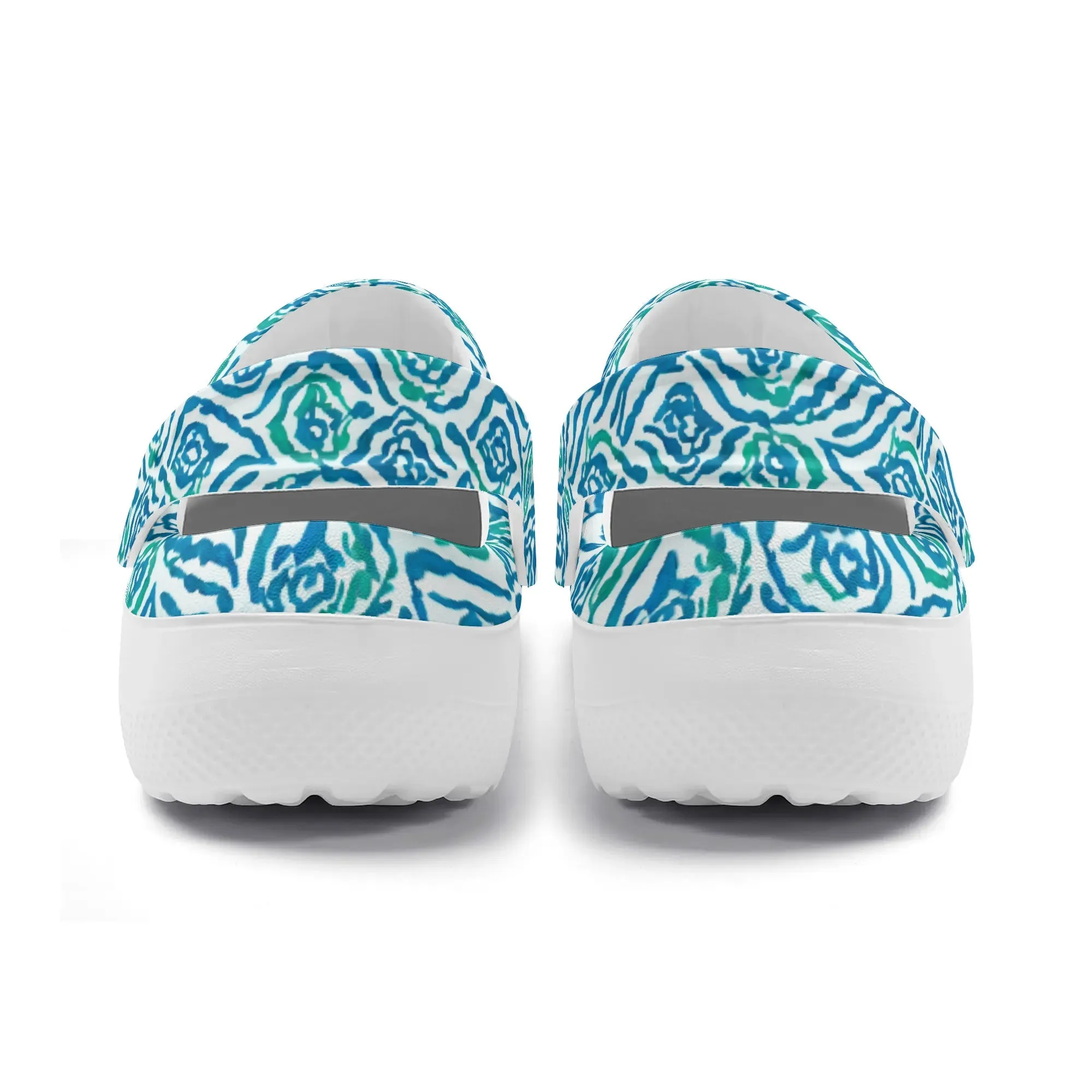Cool Breeze Elegance: Abstract Damask Pattern in Green and Blue Casual Lightweight Slip On Nurse Style Clogs