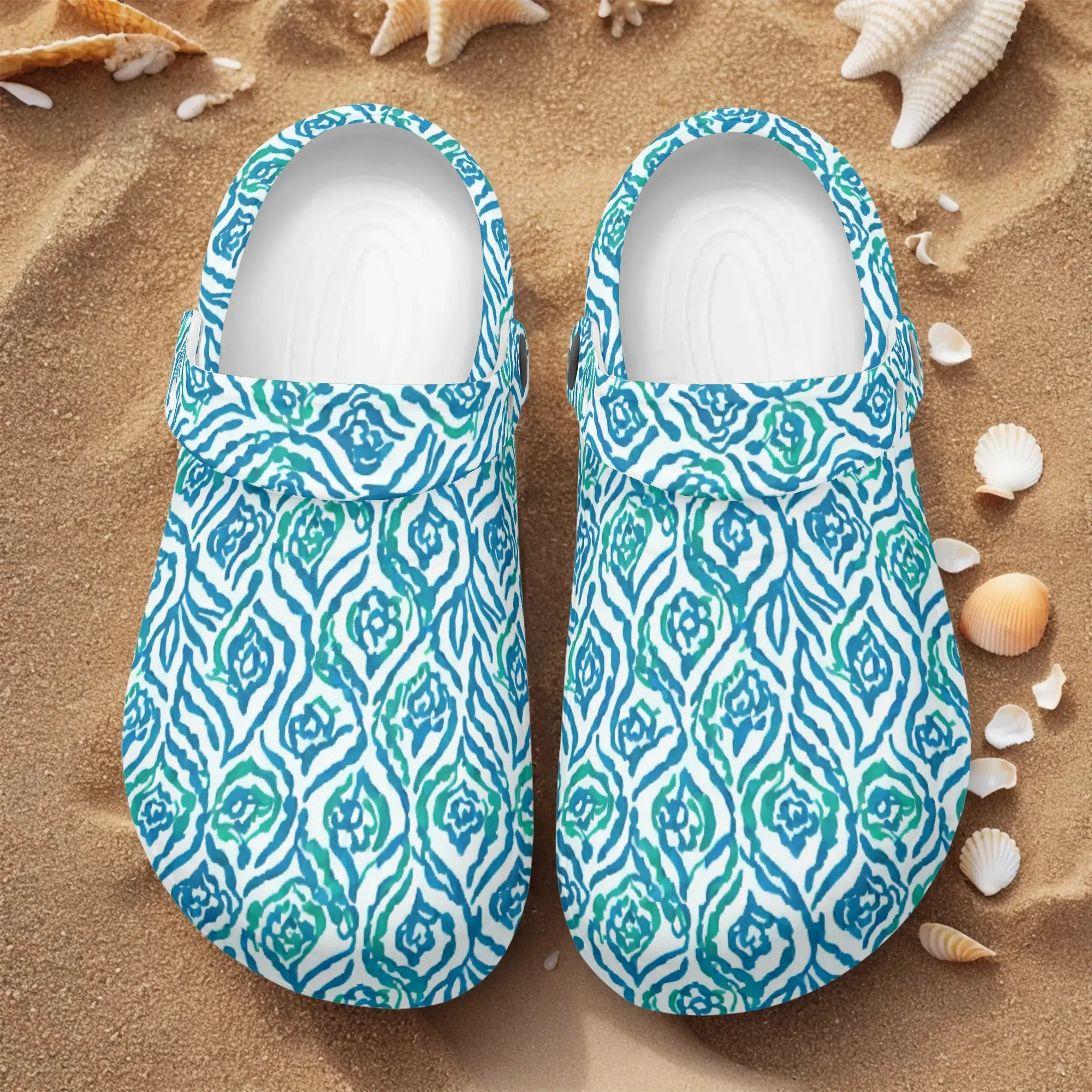 Cool Breeze Elegance: Abstract Damask Pattern in Green and Blue Casual Lightweight Slip On Nurse Style Clogs