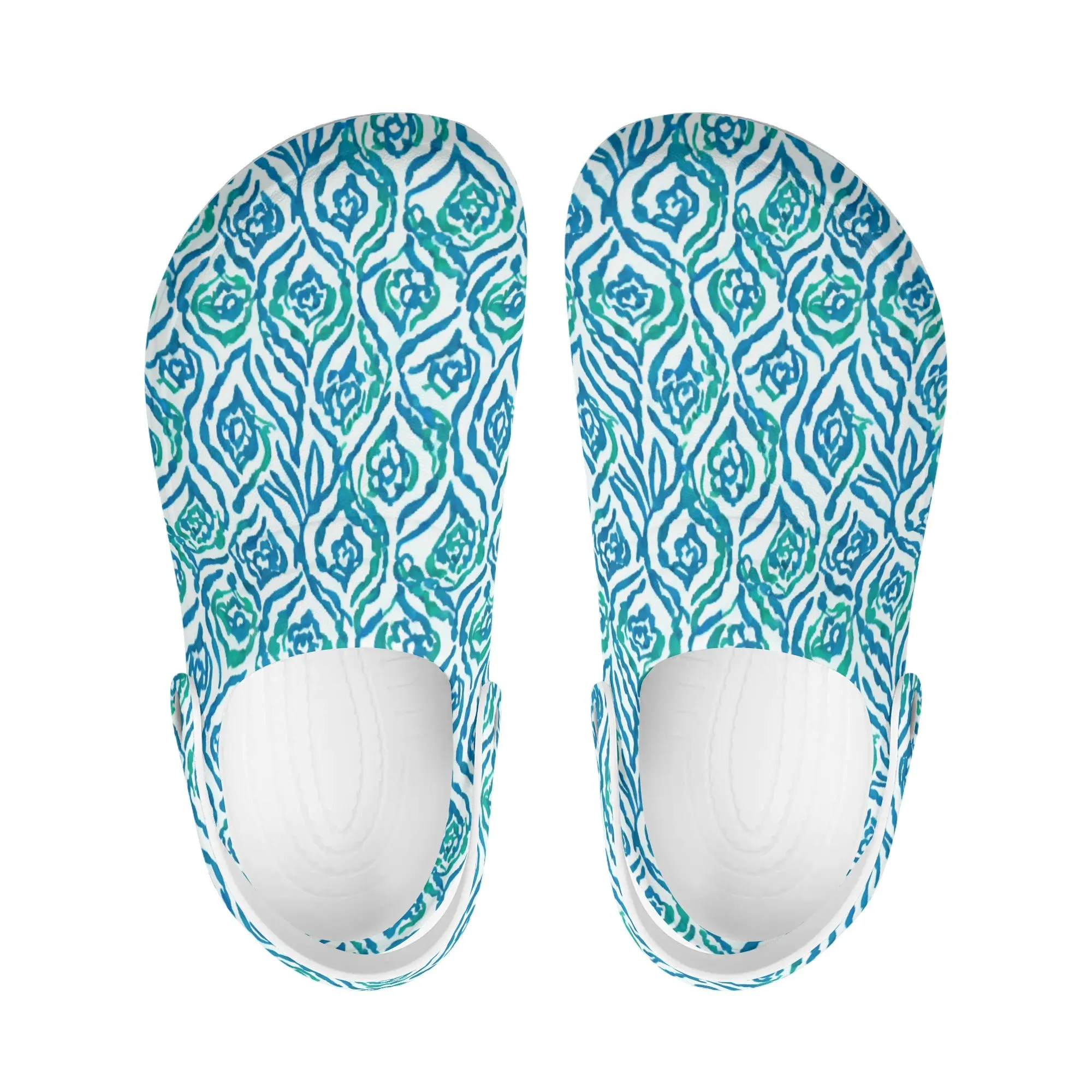 Cool Breeze Elegance: Abstract Damask Pattern in Green and Blue Casual Lightweight Slip On Nurse Style Clogs