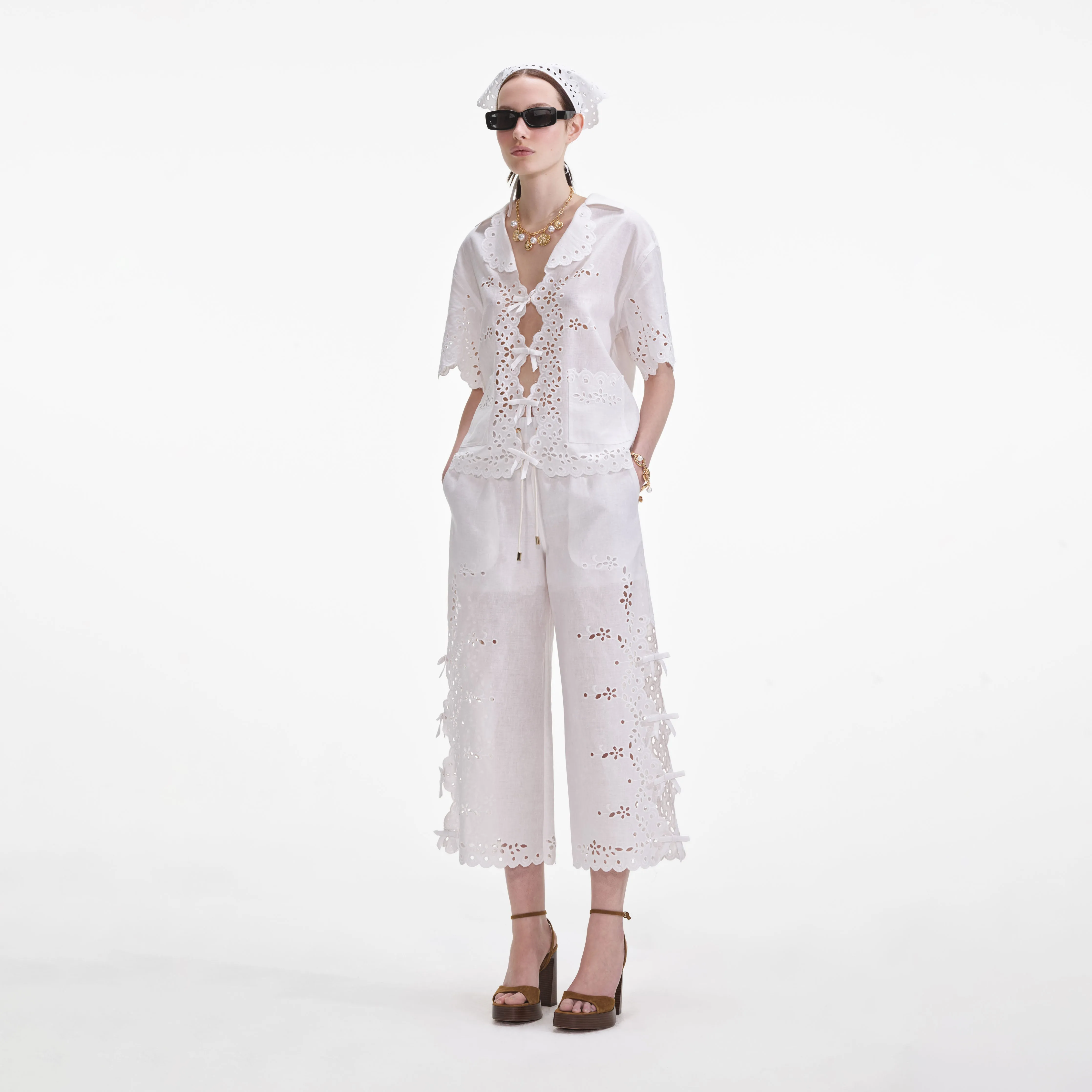 Cream Linen Embroidered Trousers