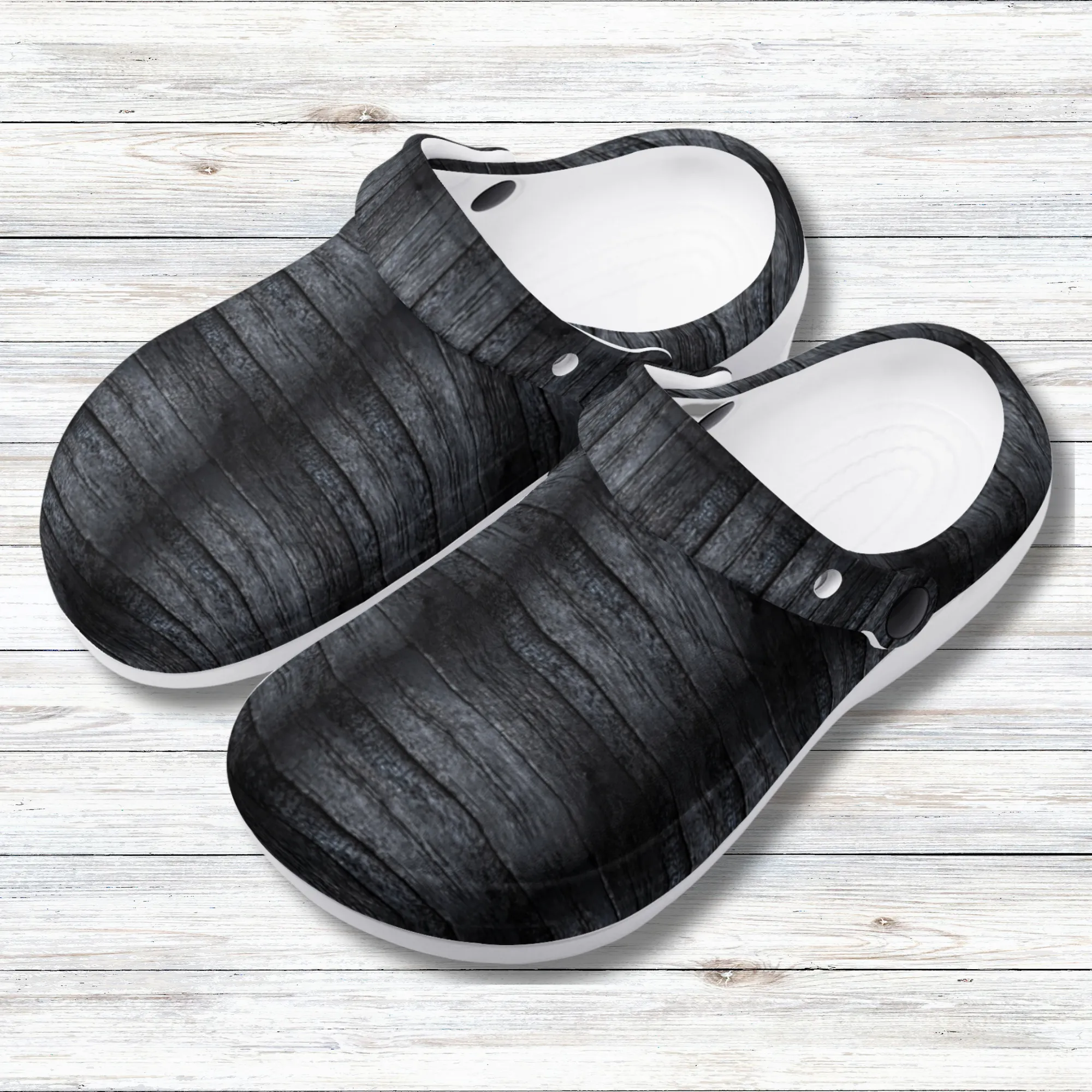 Dark Wood Plank Design Casual Lightweight Slip On Nurse Style Clogs