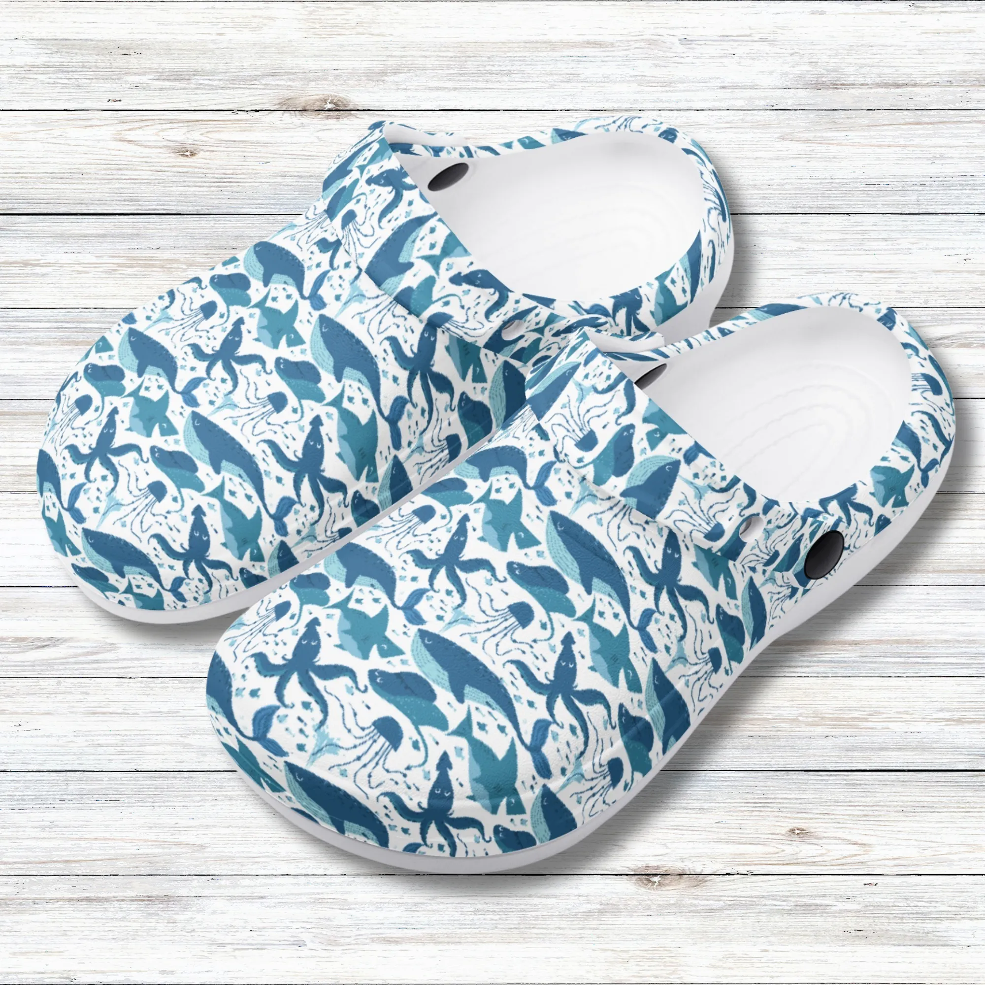Deep Sea Delight of Whales, Sharks, and Octopus Unite in Oceanic Harmony Theme Design Casual Lightweight Slip On Nurse Style Clogs