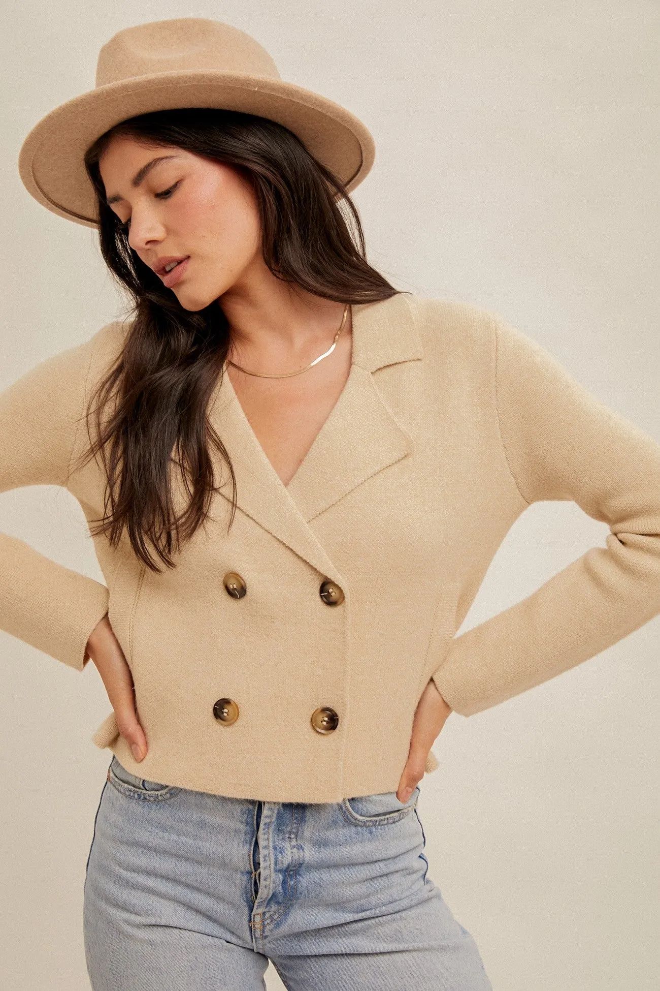Double-Breasted Relaxed Crop Sweater Jacket