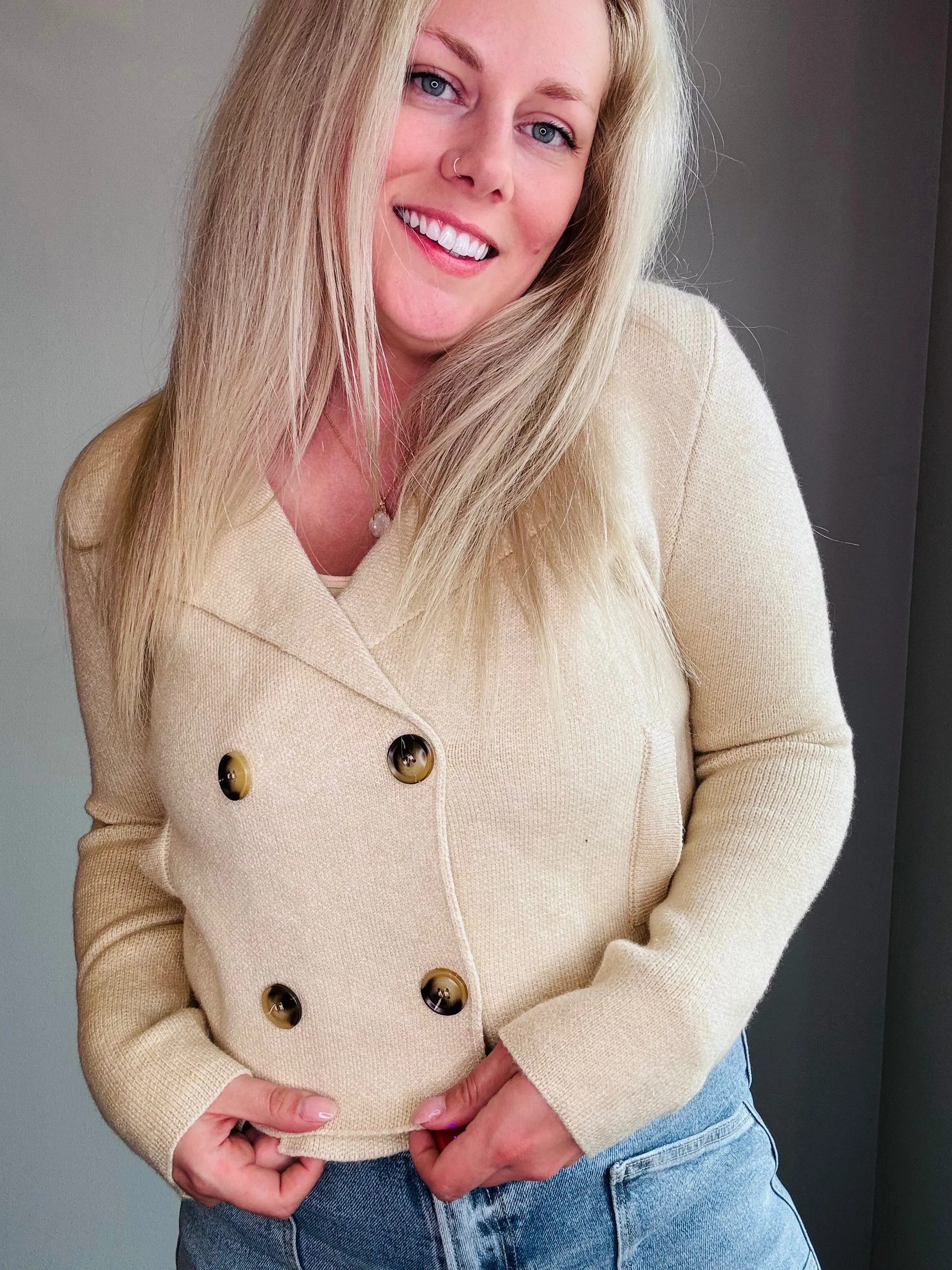 Double-Breasted Relaxed Crop Sweater Jacket