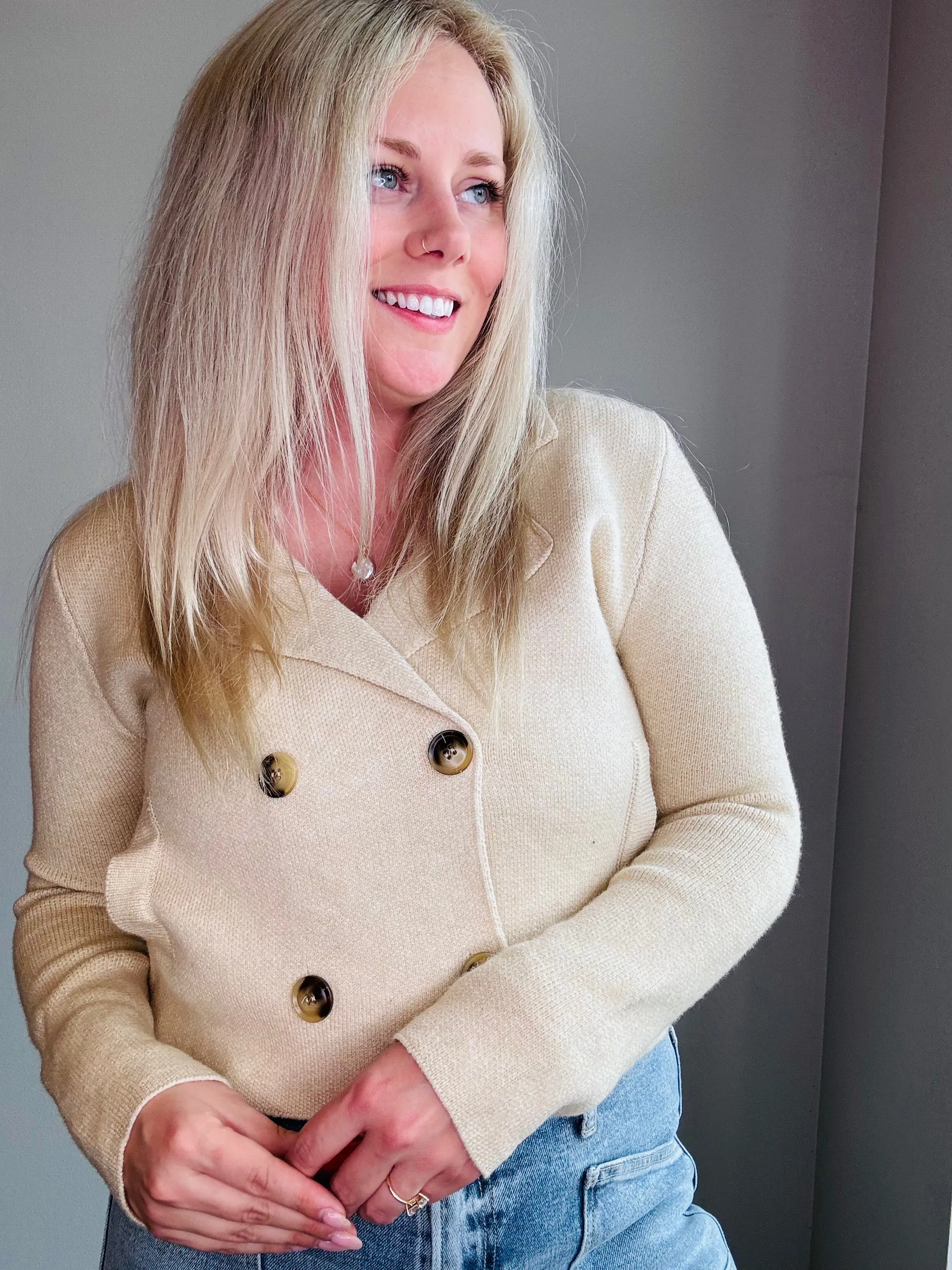 Double-Breasted Relaxed Crop Sweater Jacket