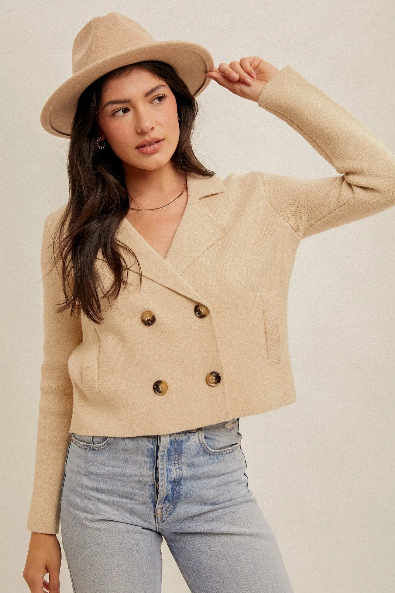Double-Breasted Relaxed Crop Sweater Jacket
