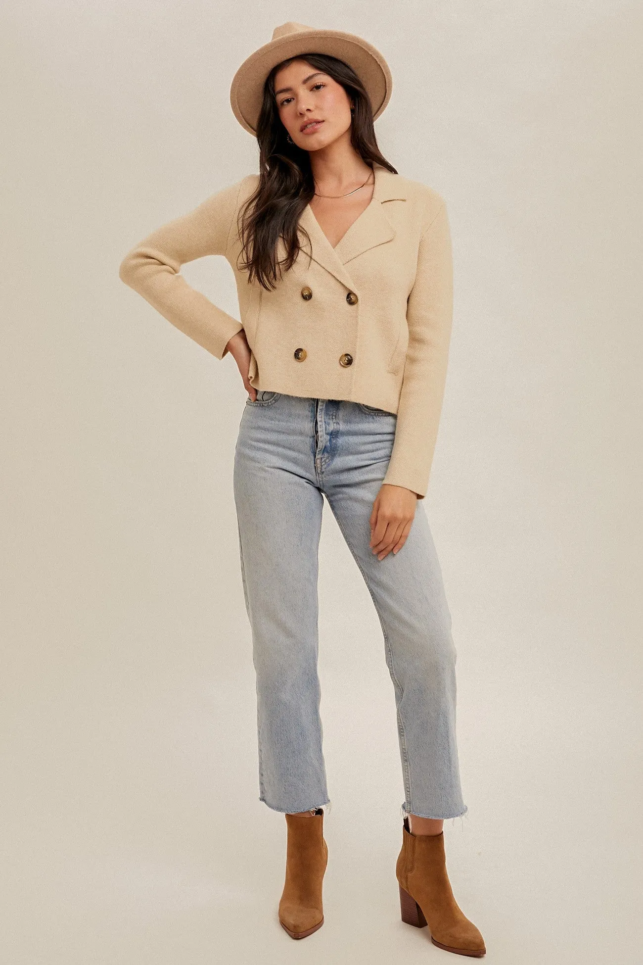 Double-Breasted Relaxed Crop Sweater Jacket