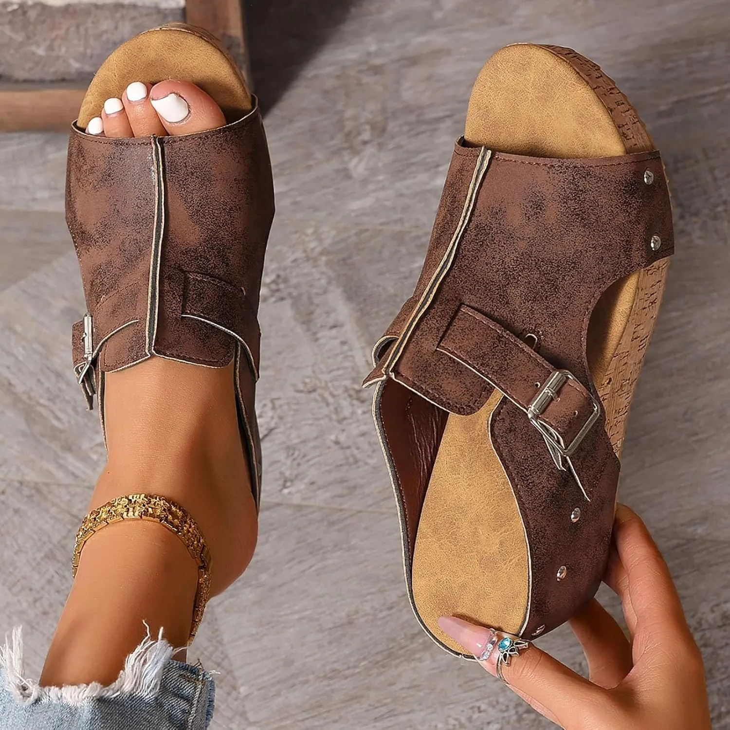Eduavar Platform Sandals Women Casual Summer Beach Non Slip Shoes Comfort Cork Strappy Slides Sandals Dressy Wedge Slippers