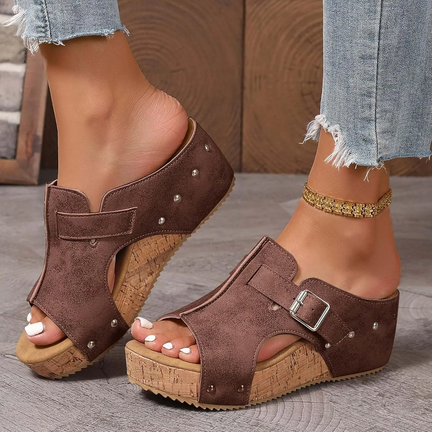 Eduavar Platform Sandals Women Casual Summer Beach Non Slip Shoes Comfort Cork Strappy Slides Sandals Dressy Wedge Slippers