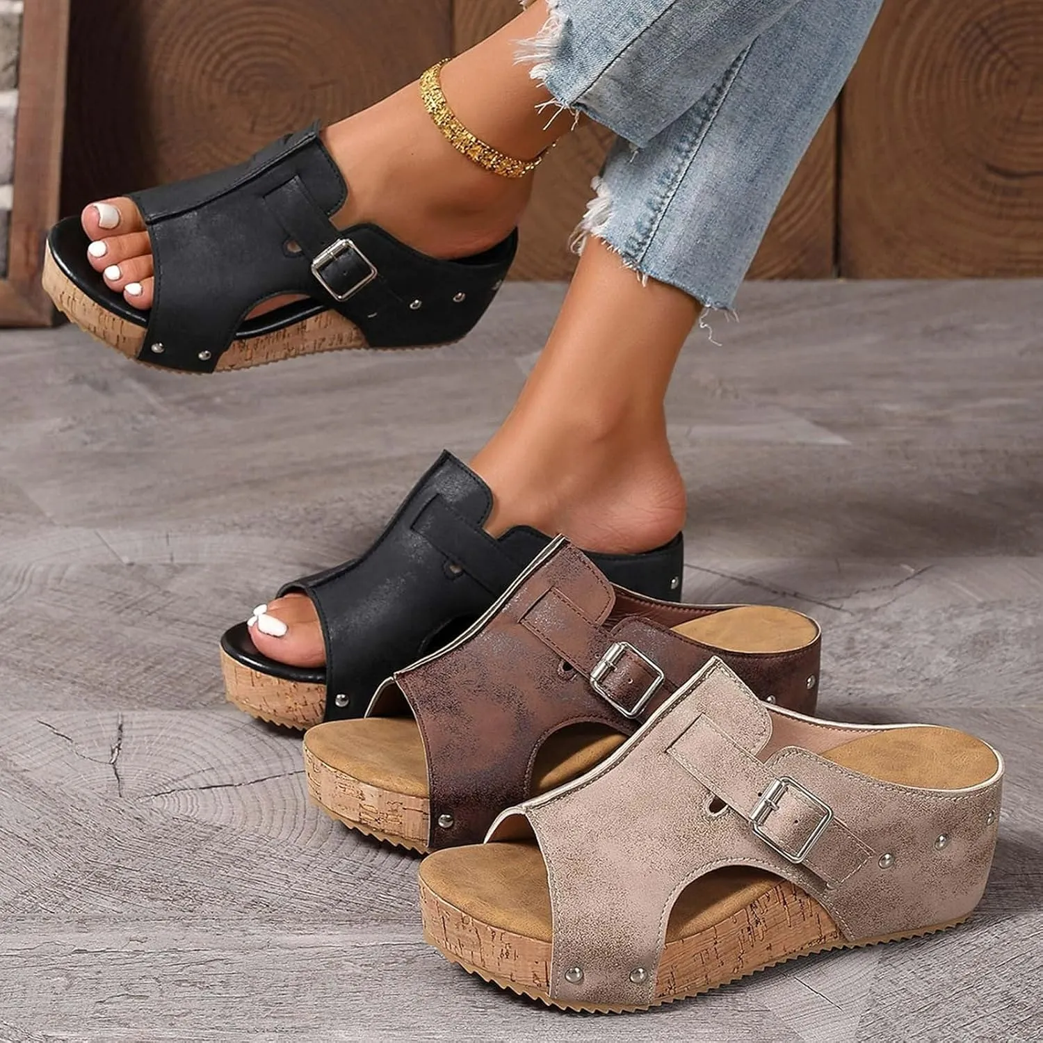 Eduavar Platform Sandals Women Casual Summer Beach Non Slip Shoes Comfort Cork Strappy Slides Sandals Dressy Wedge Slippers
