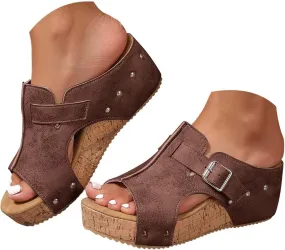 Eduavar Platform Sandals Women Casual Summer Beach Non Slip Shoes Comfort Cork Strappy Slides Sandals Dressy Wedge Slippers