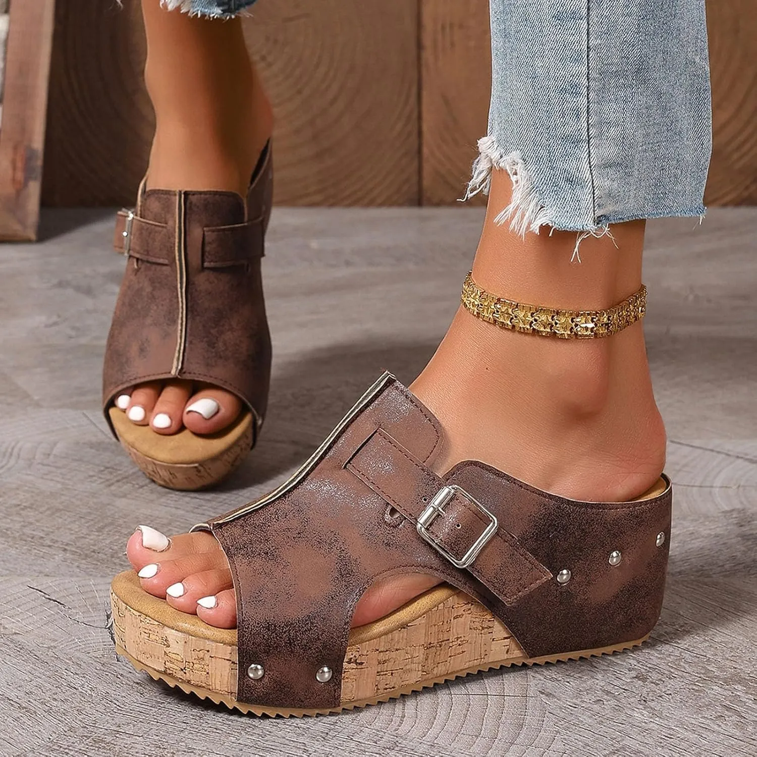 Eduavar Platform Sandals Women Casual Summer Beach Non Slip Shoes Comfort Cork Strappy Slides Sandals Dressy Wedge Slippers