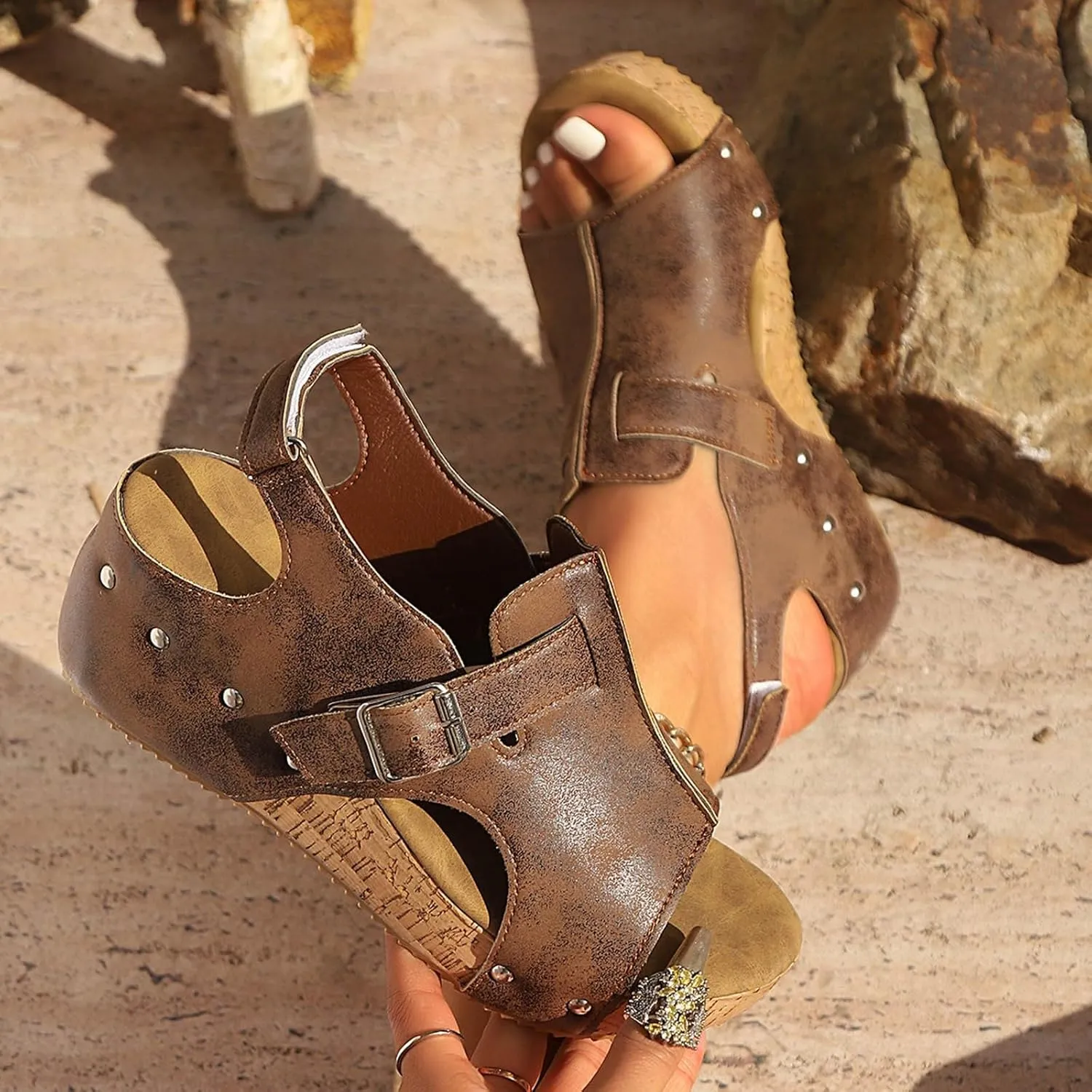 Eduavar Sandals for Women 2025 Casual Comfortable Open Toe Buckle Ankle Strap Summer Platform Wedge Sandals Dessy Shoes