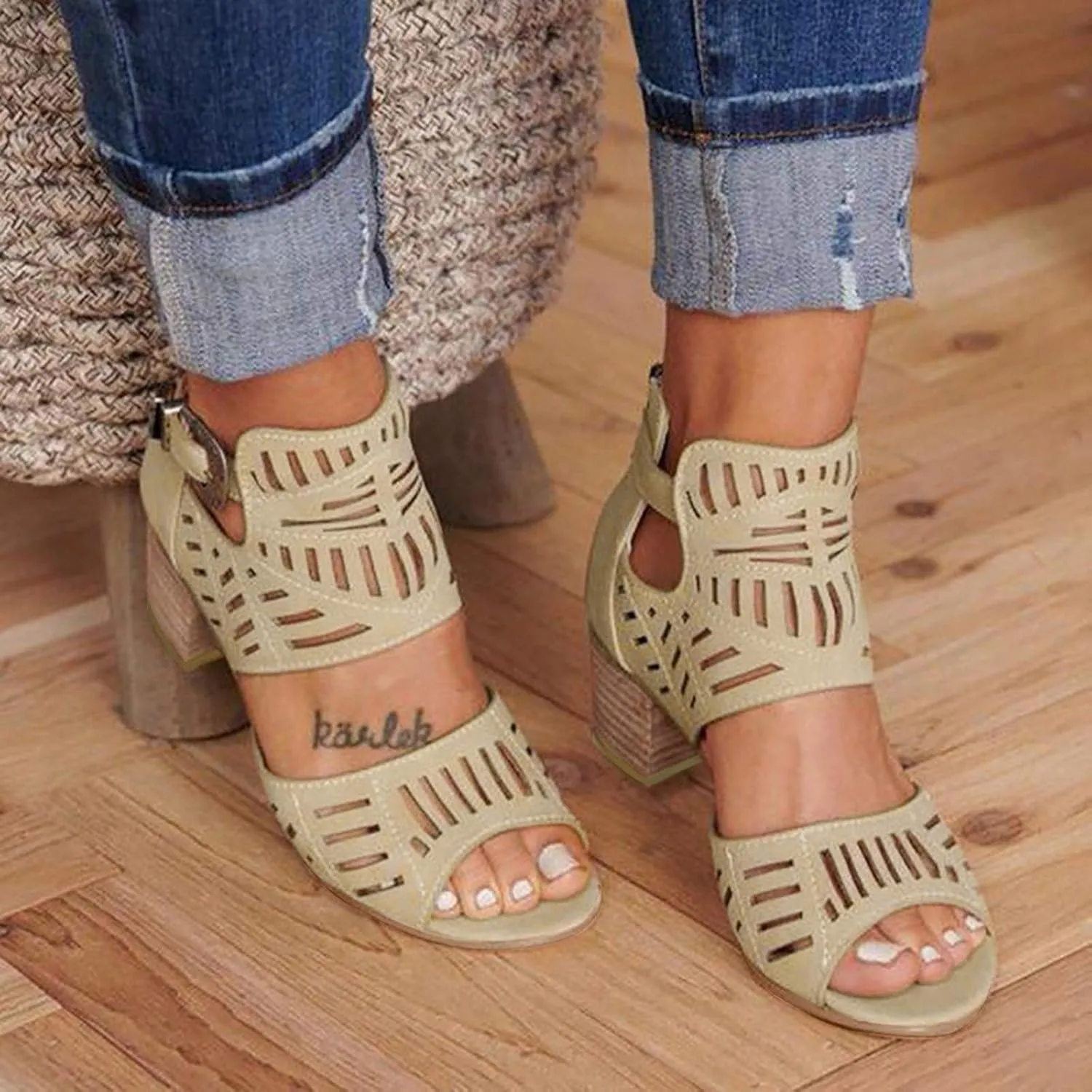 Eduavar Sandals for Women Dressy Summer, Wedge Sandals for Women Chunky Heel Sandals Open Toe Hollow Out Ankle Strap Sandals