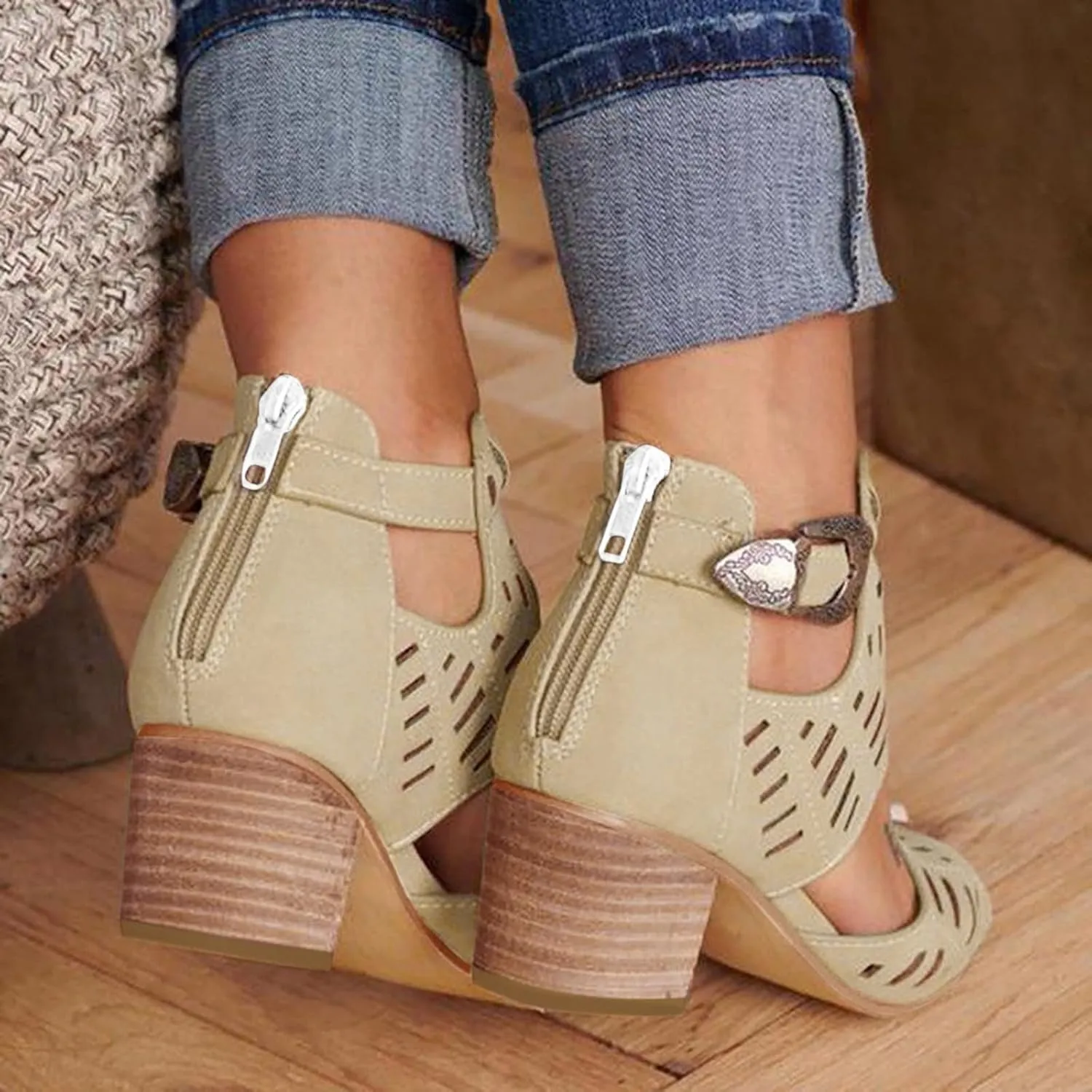 Eduavar Sandals for Women Dressy Summer, Wedge Sandals for Women Chunky Heel Sandals Open Toe Hollow Out Ankle Strap Sandals