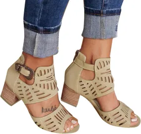 Eduavar Sandals for Women Dressy Summer, Wedge Sandals for Women Chunky Heel Sandals Open Toe Hollow Out Ankle Strap Sandals