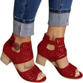 Eduavar Womens Wedge Sandals, Orthopedic Sandals for Women Leather Peep Toe Cutout Zipper Chunky Heeled Sandals