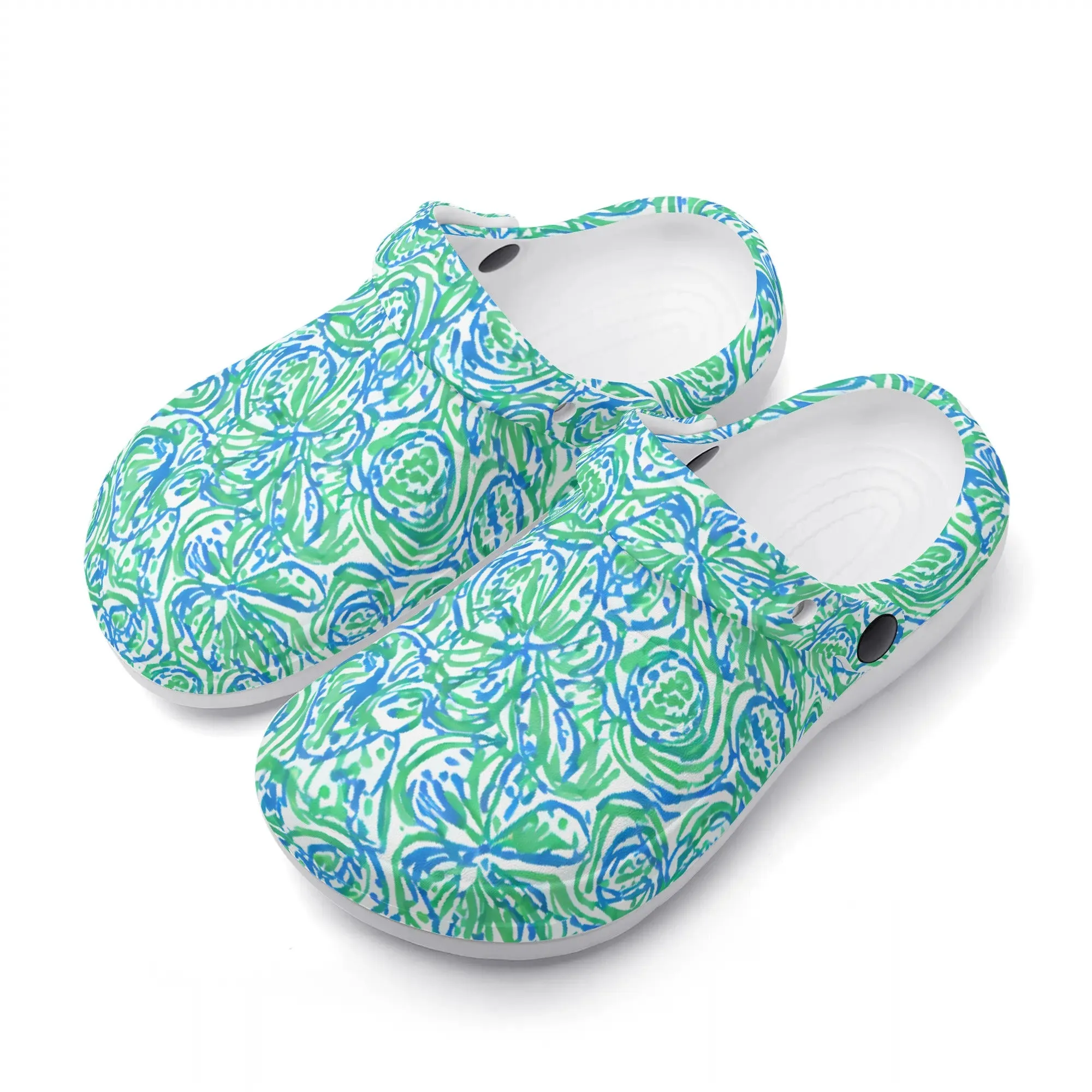 Emerald Tide: Swirling Green and Blue Flowers Casual Lightweight Slip On Nurse Style Clogs