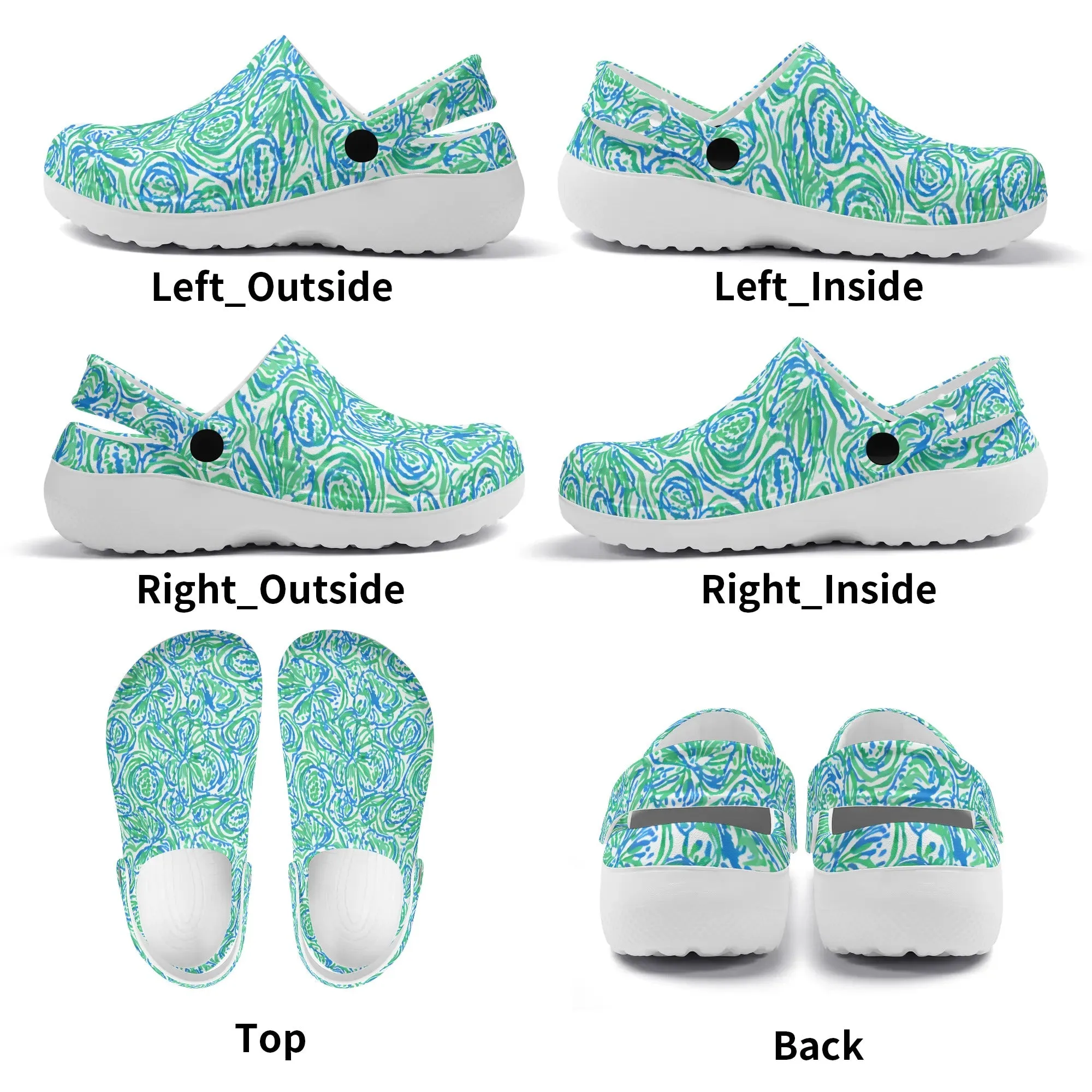 Emerald Tide: Swirling Green and Blue Flowers Casual Lightweight Slip On Nurse Style Clogs