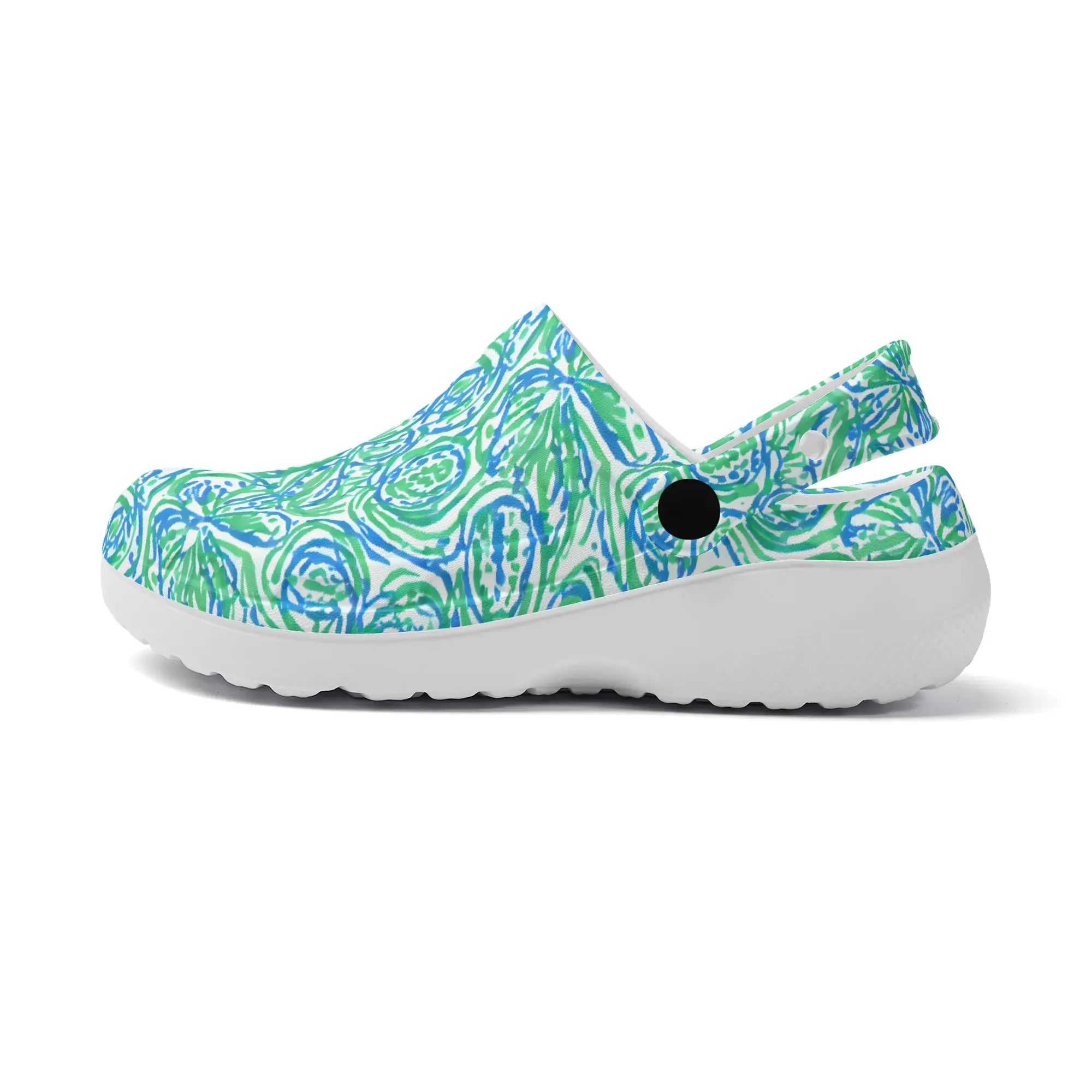Emerald Tide: Swirling Green and Blue Flowers Casual Lightweight Slip On Nurse Style Clogs