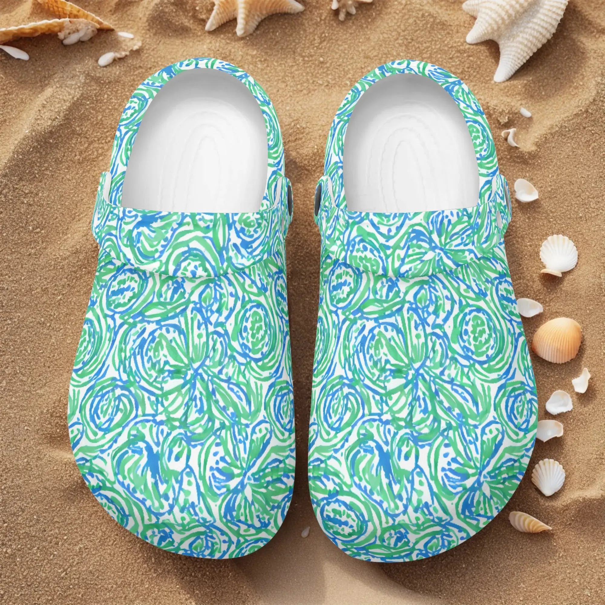 Emerald Tide: Swirling Green and Blue Flowers Casual Lightweight Slip On Nurse Style Clogs