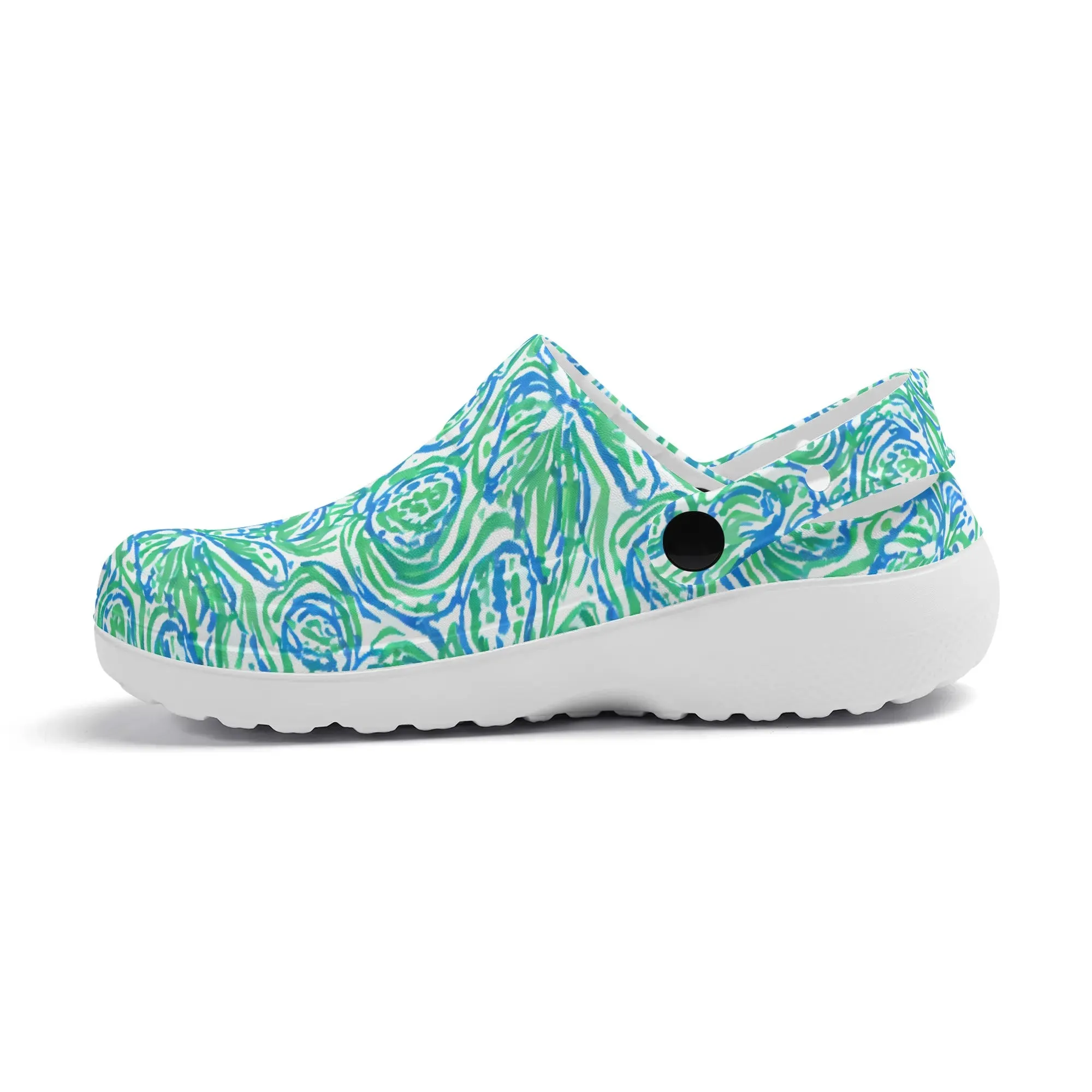 Emerald Tide: Swirling Green and Blue Flowers Casual Lightweight Slip On Nurse Style Clogs