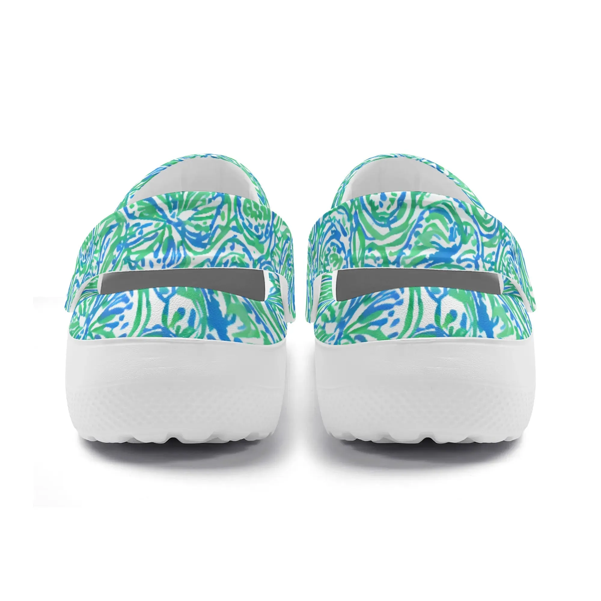Emerald Tide: Swirling Green and Blue Flowers Casual Lightweight Slip On Nurse Style Clogs