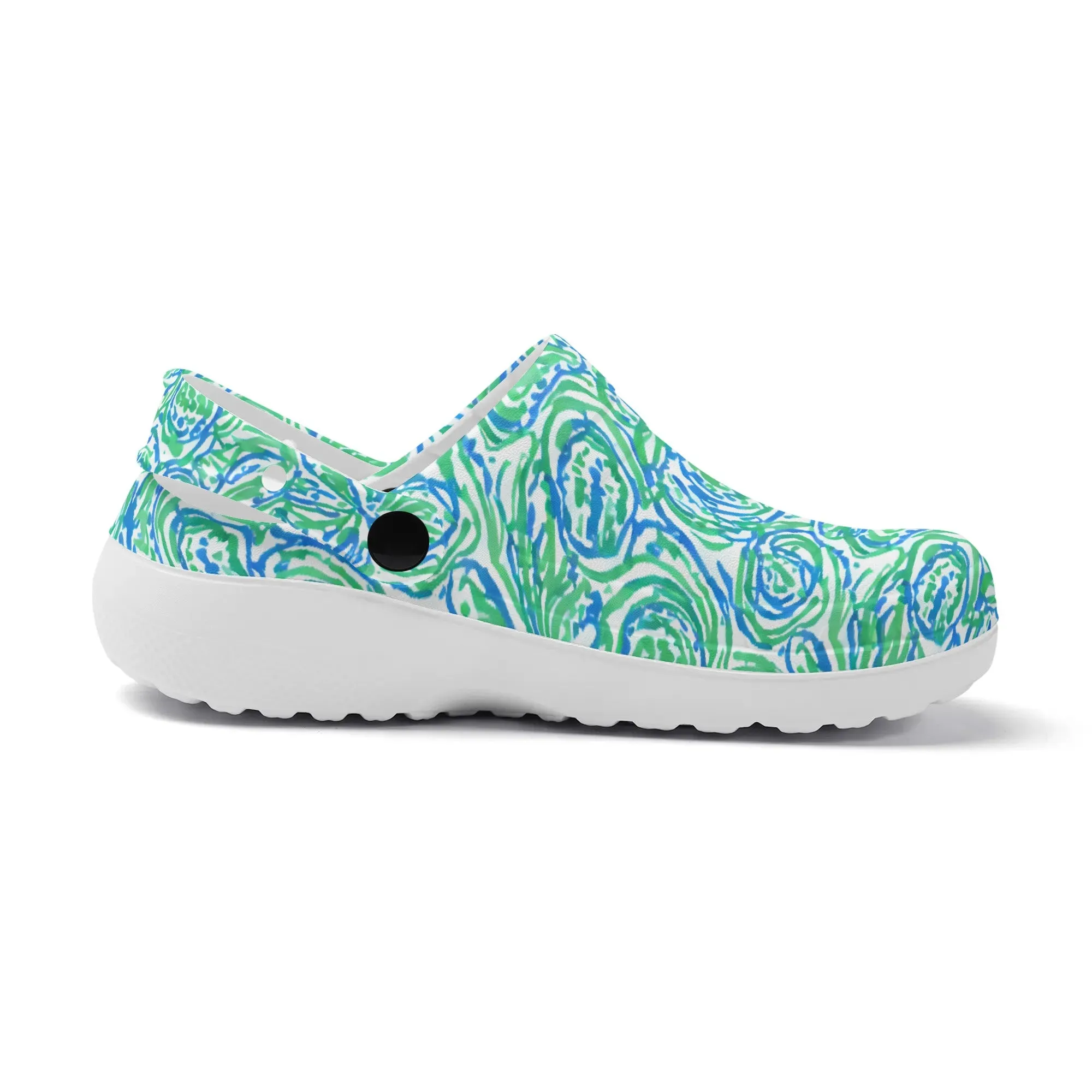Emerald Tide: Swirling Green and Blue Flowers Casual Lightweight Slip On Nurse Style Clogs