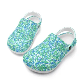 Emerald Tide: Swirling Green and Blue Flowers Casual Lightweight Slip On Nurse Style Clogs