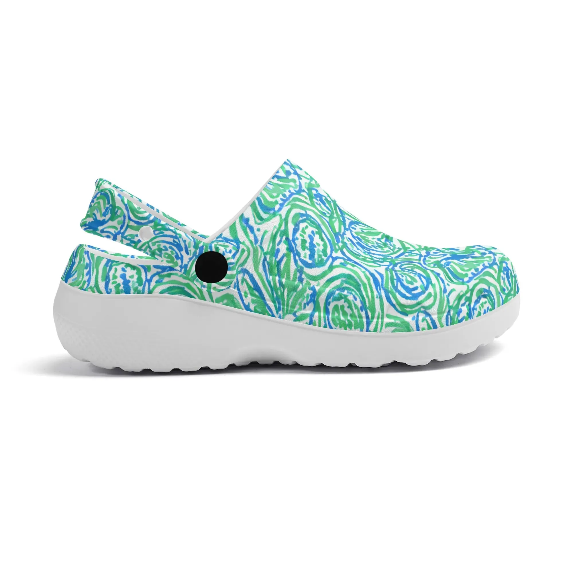 Emerald Tide: Swirling Green and Blue Flowers Casual Lightweight Slip On Nurse Style Clogs