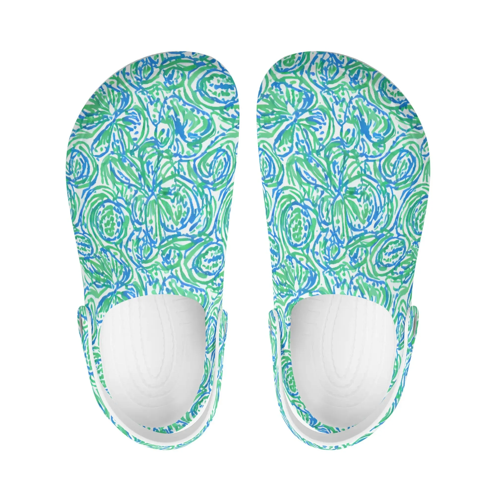 Emerald Tide: Swirling Green and Blue Flowers Casual Lightweight Slip On Nurse Style Clogs