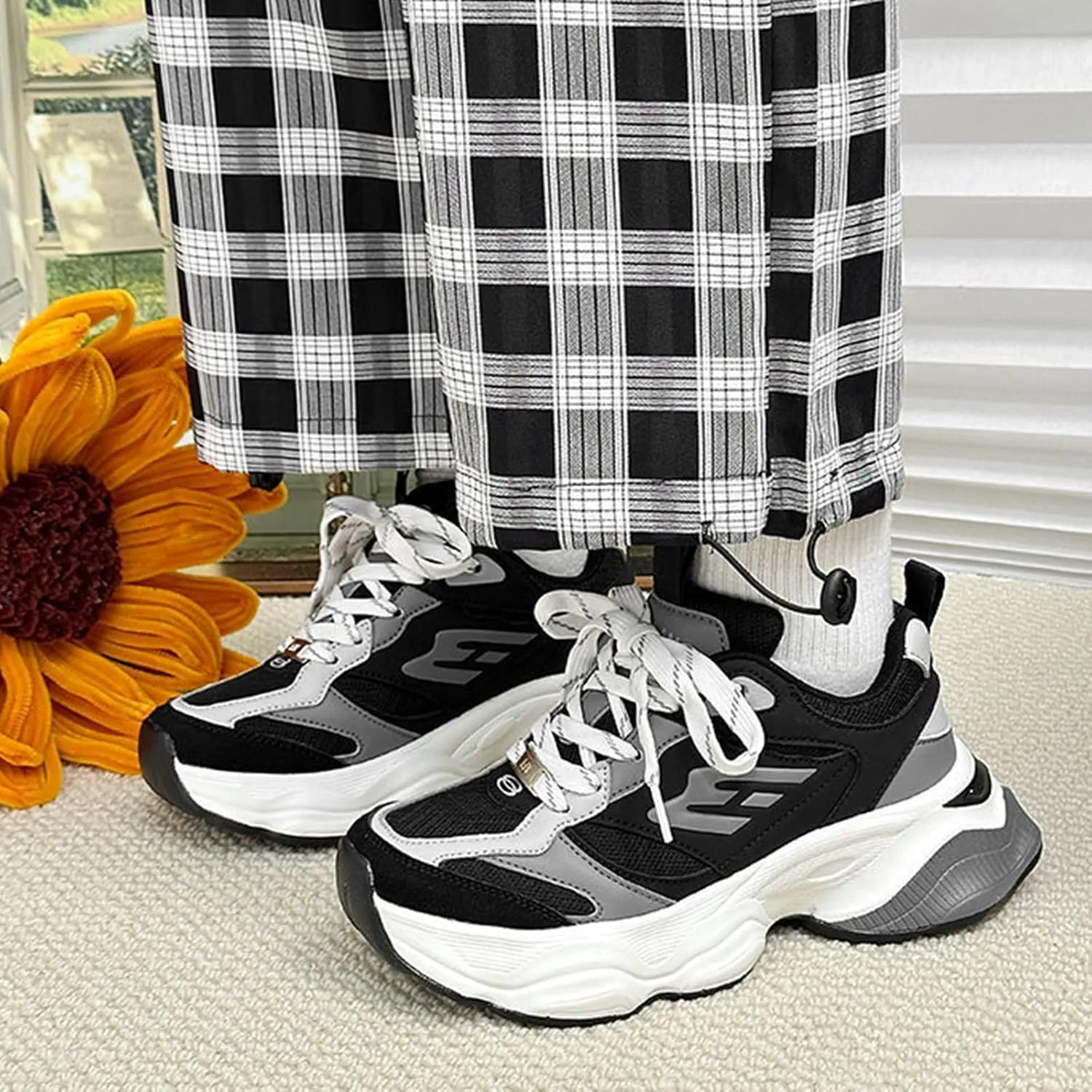 Fashion Platform Sneakers for Women - Lace-up Mesh Trainers with Breathable Design, Lightweight/Chunky – Ideal for Couples,Black-41