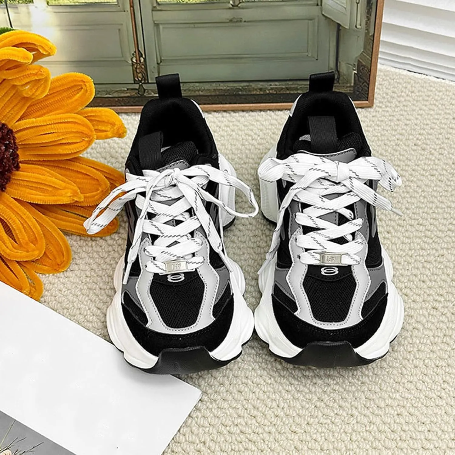 Fashion Platform Sneakers for Women - Lace-up Mesh Trainers with Breathable Design, Lightweight/Chunky – Ideal for Couples,Black-41