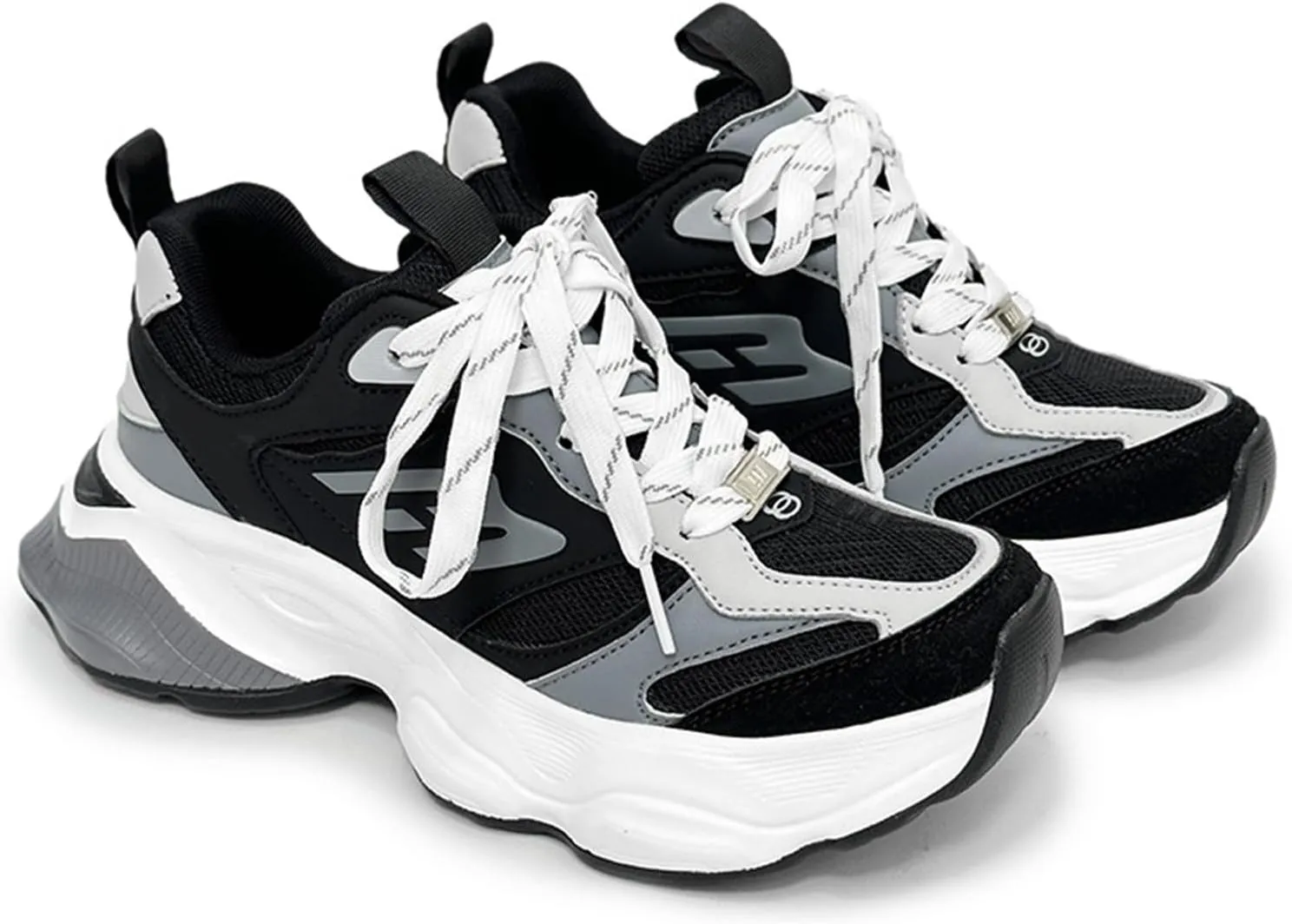 Fashion Platform Sneakers for Women - Lace-up Mesh Trainers with Breathable Design, Lightweight/Chunky – Ideal for Couples,Black-41