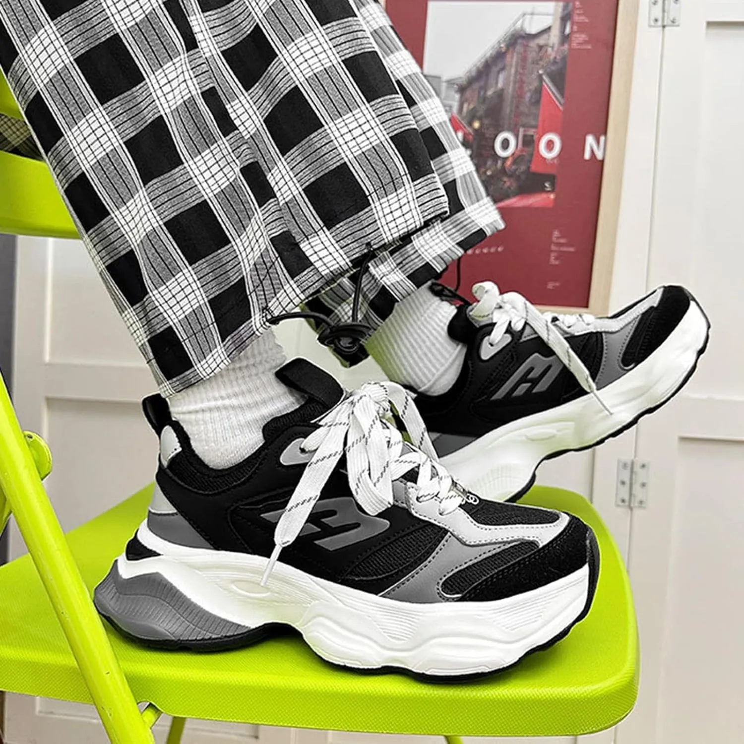 Fashion Platform Sneakers for Women - Lace-up Mesh Trainers with Breathable Design, Lightweight/Chunky – Ideal for Couples,Black-41